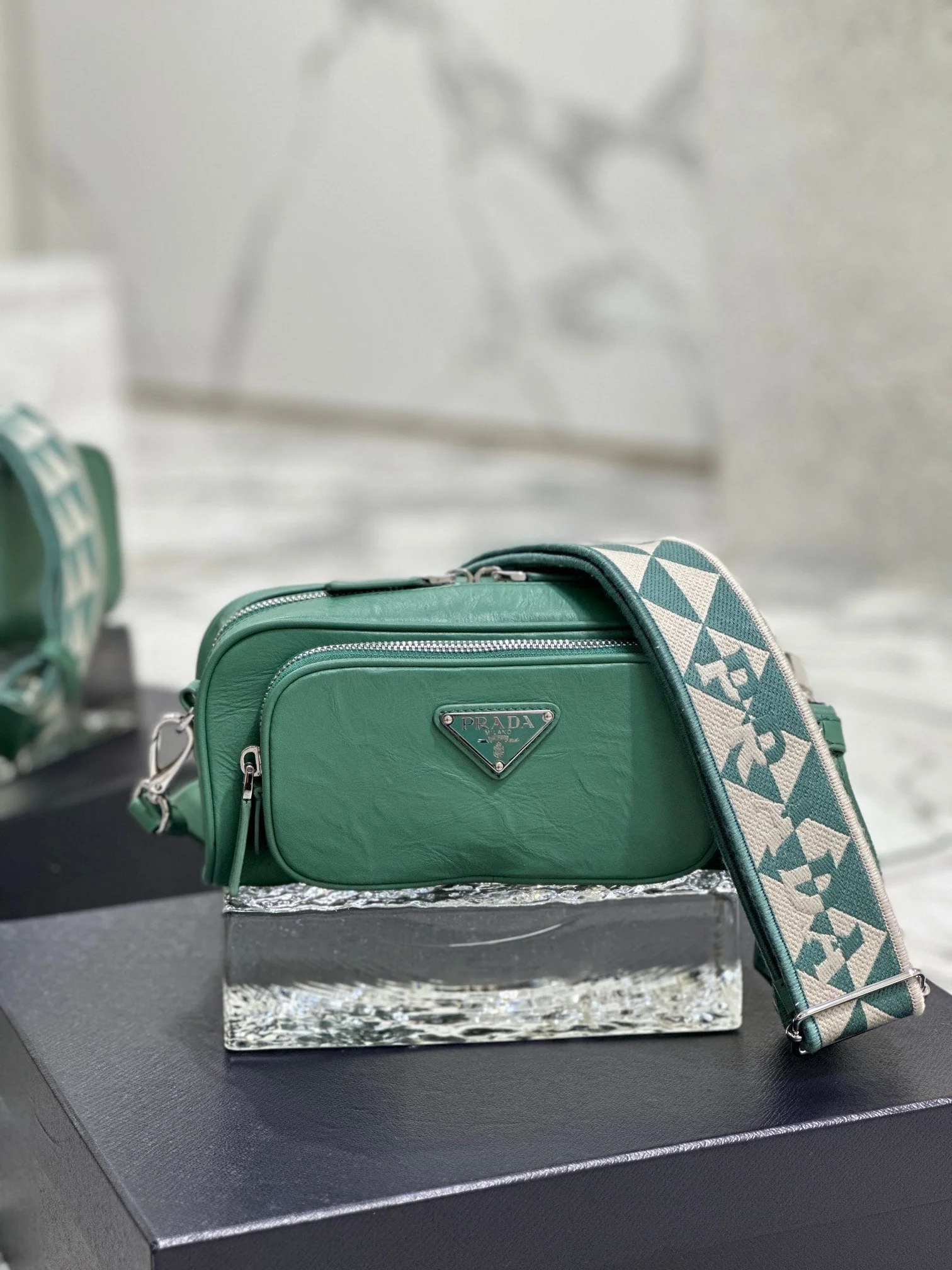 Prada CAMERA BAG 23 IN CASTLETON GREEN WRINKLED LAMBSKIN