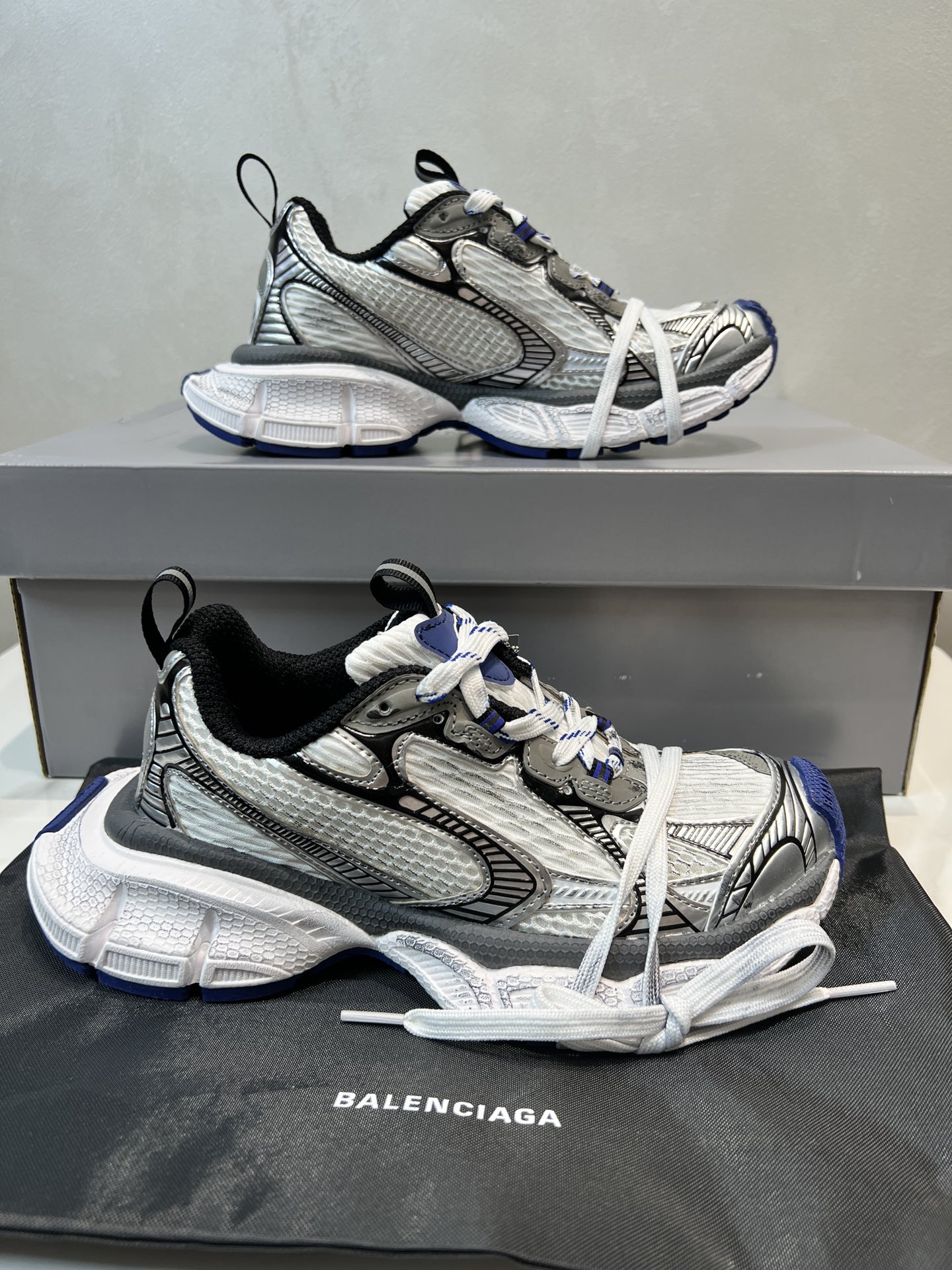 Balenciaga 3XL White Blue Contrast Mesh Polyurethane Wrapped Laces Oversized Chunky Sneakers - KAIROO