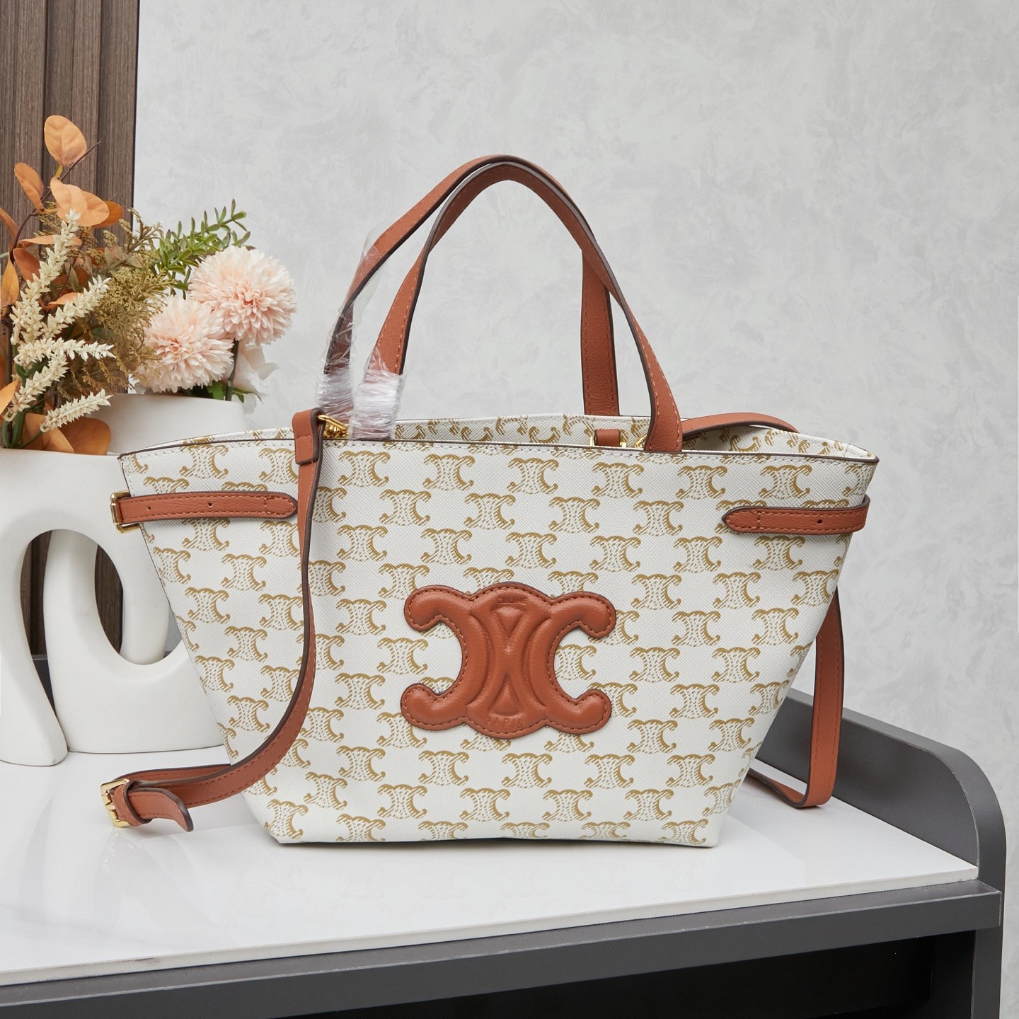 Celine Cabas Thais Monogram Canvas Embossed Cuir Triomphe Logo Trapeze Tote Bag - KAIROO