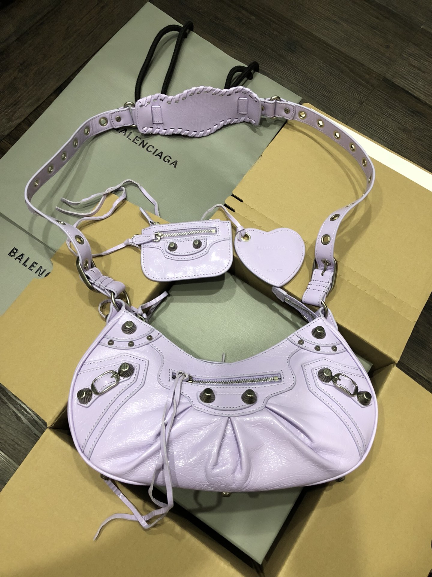 Balenciaga Le Cagole Lilac Limited Crinkled Leather Studded Purse& Heart Mirror Charm Hobo Shoulder Bag - KAIROO