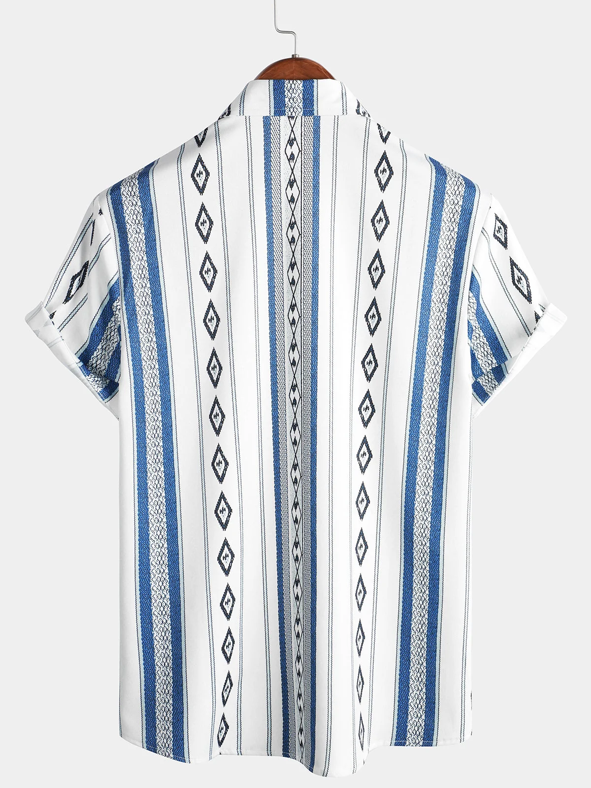Men's Retro 70s Blue White Striped Aztec Print Casual Button-Up Shirt