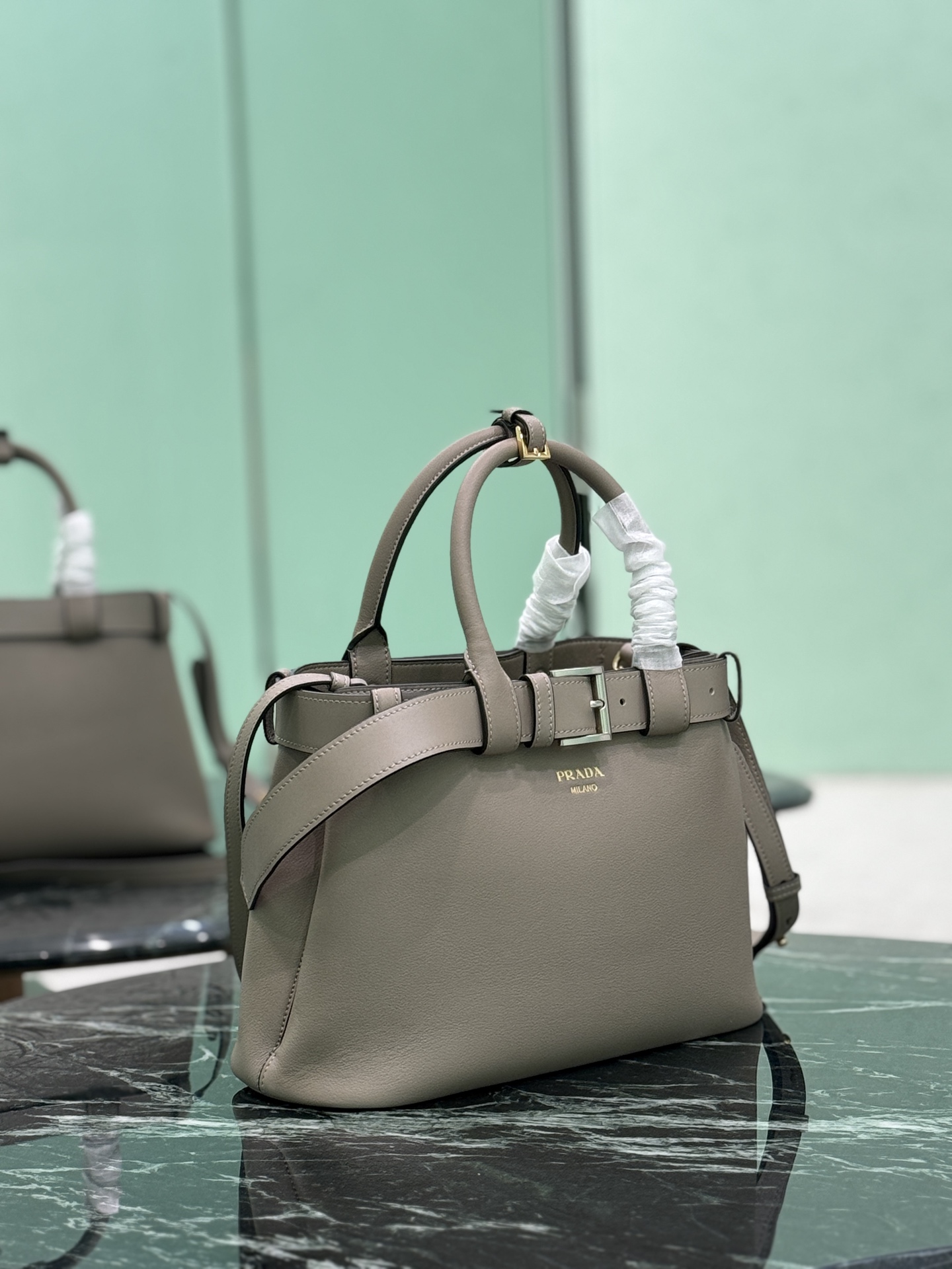 Prada Grey Buckle Small Leather bag with belt