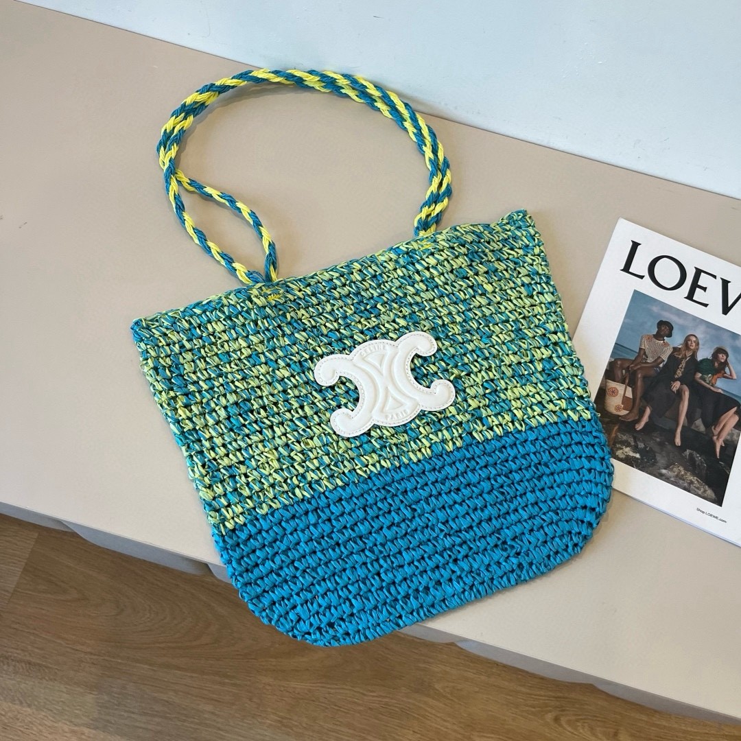 Celine Bicolour Blue And Yellow Triomphe Patch Woven Raffia Basket Tote Bag - KAIROO