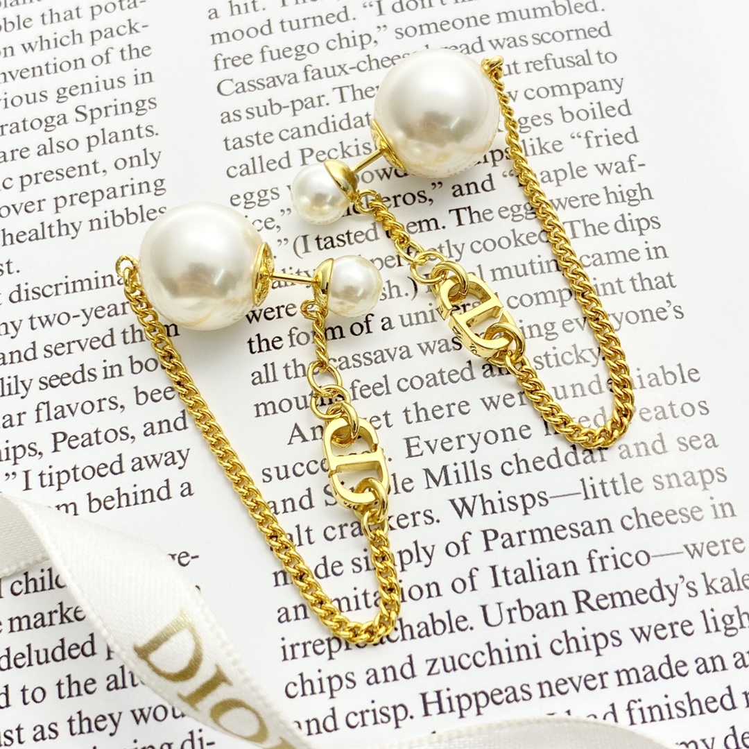 Dior CD Tassel Chain Double Bead Stud Earrings