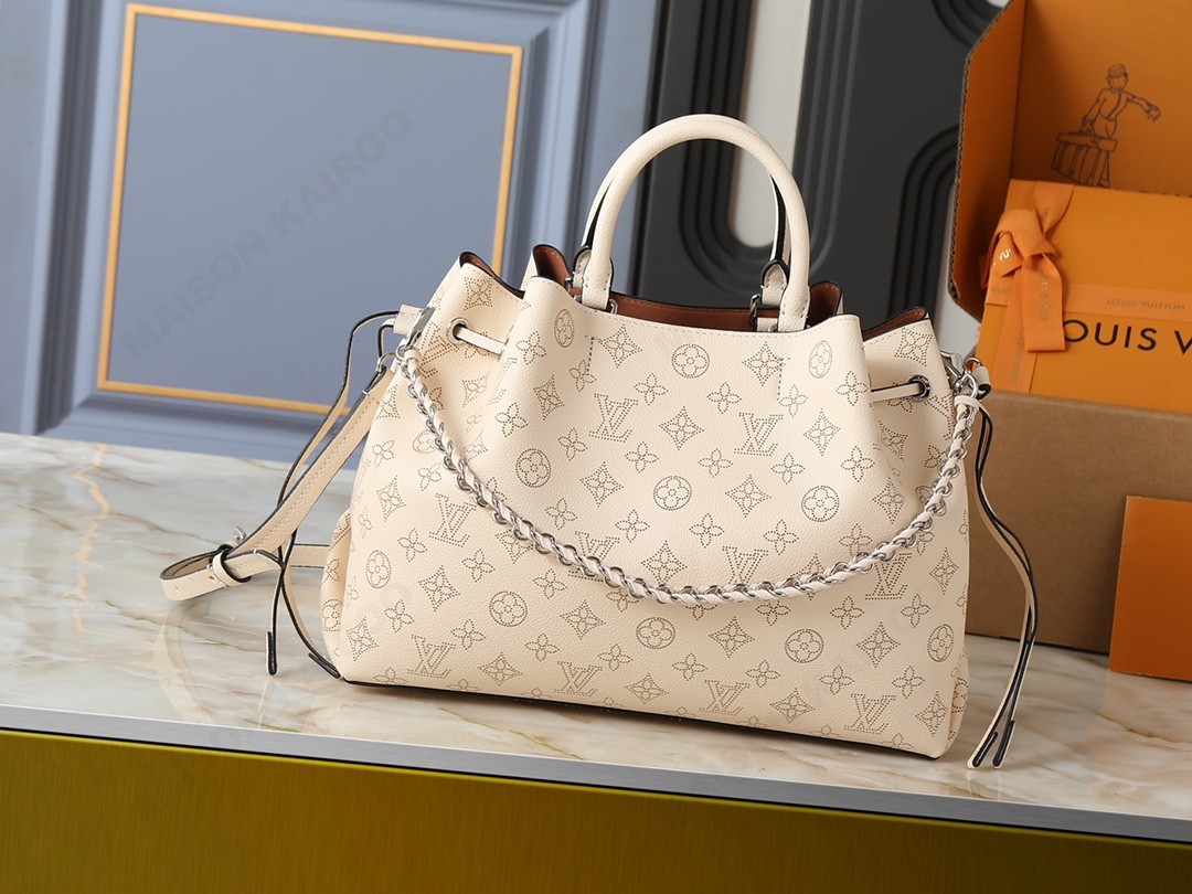 Louis Vuitton LV Mahina Bella Tote Ivory Perforated Monogram Leather Drawstring Bucket Top Handle Bag - KAIROO