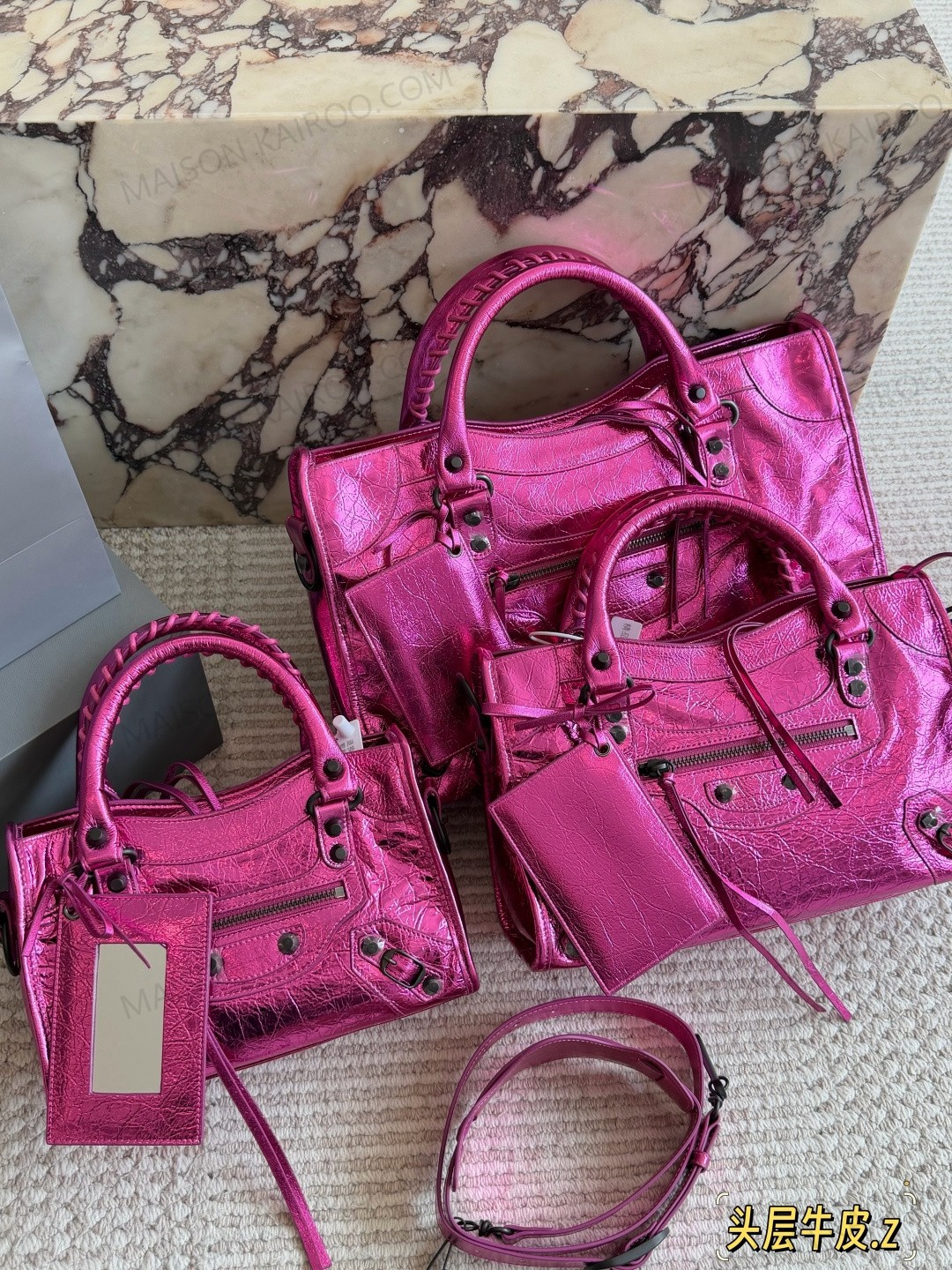 Balenciaga Le City Metallic Fuchsia Cracked Leather Studded Mirror Charm Braided Top Handle Bag - KAIROO