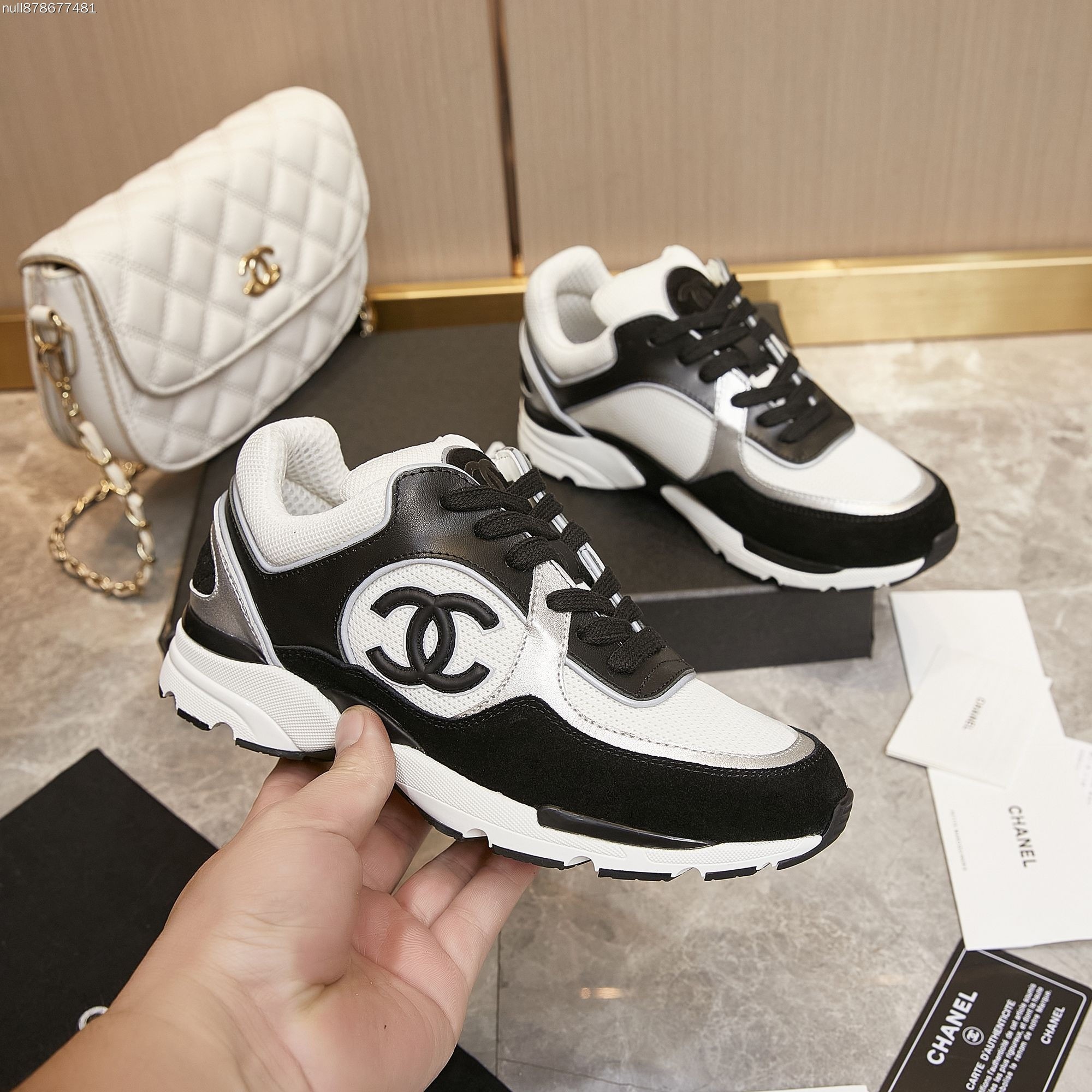 Chanel Panda White Bicolor Mesh Suede Leather CC Logo Low Top Runner Sneakers - KAIROO