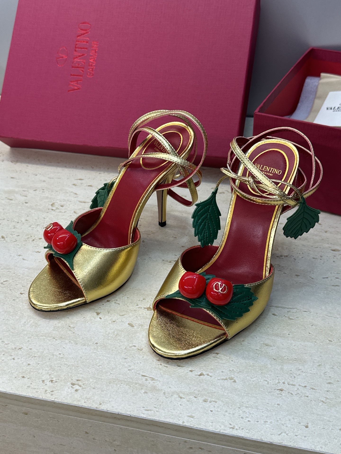 Valentino Garavani Gold Cherry Leather Leaf Charm Metallic Leather Stiletto Toe Heel Sandals - KAIROO