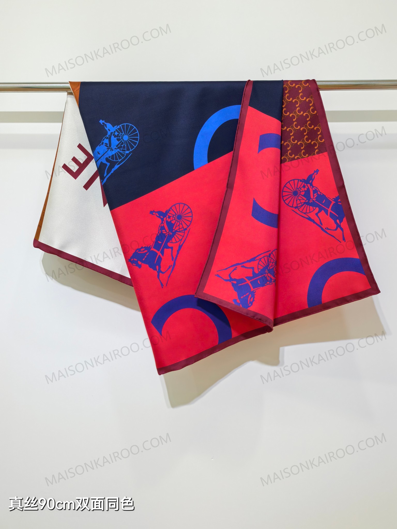 Celine Red Tone Color Block Carriage Square Scarf - KAIROO