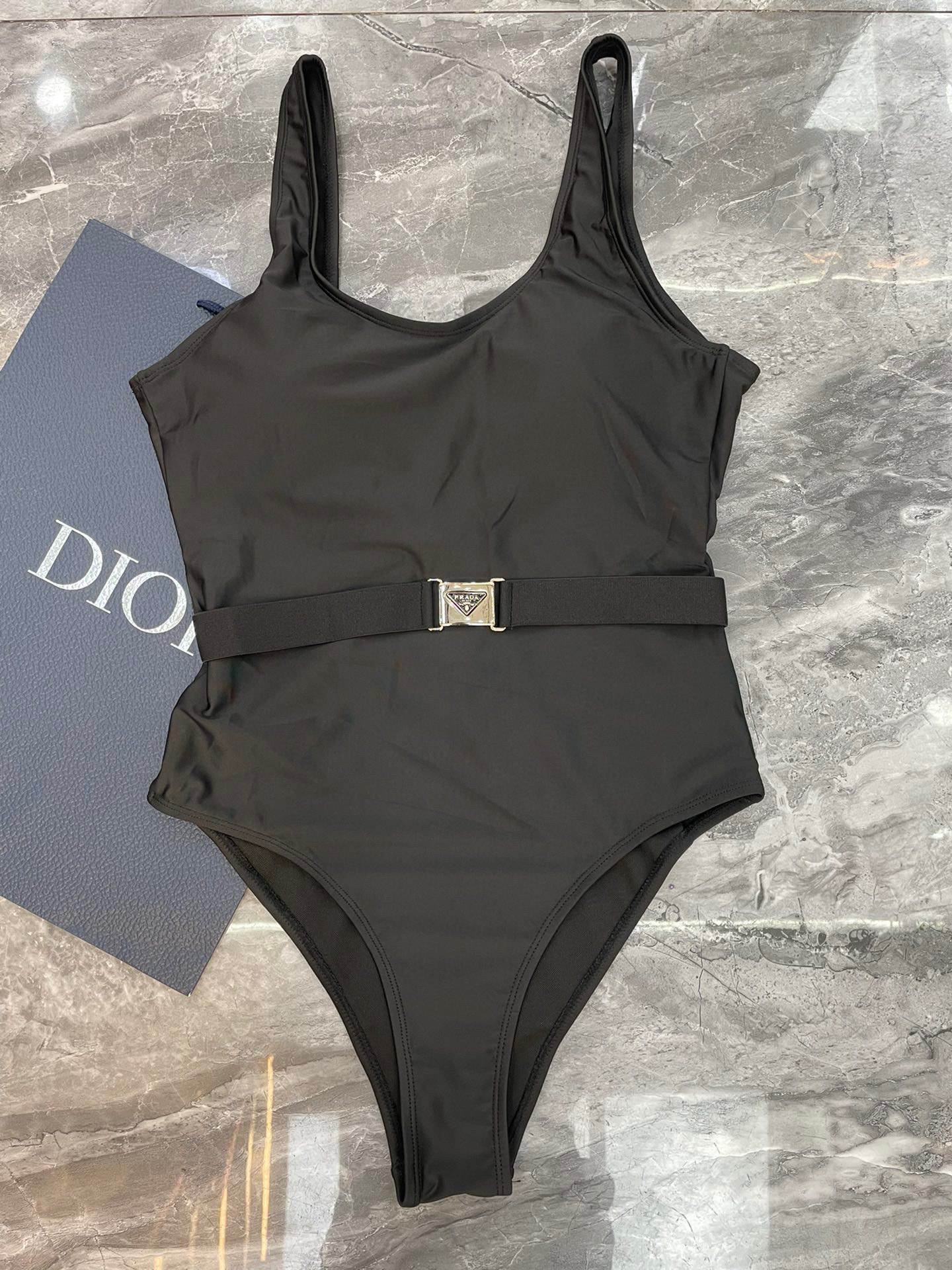 Prada Triangle Logo Print Silver Belt Buckle U-Neck One-Piece Swimsuit - KAIROO