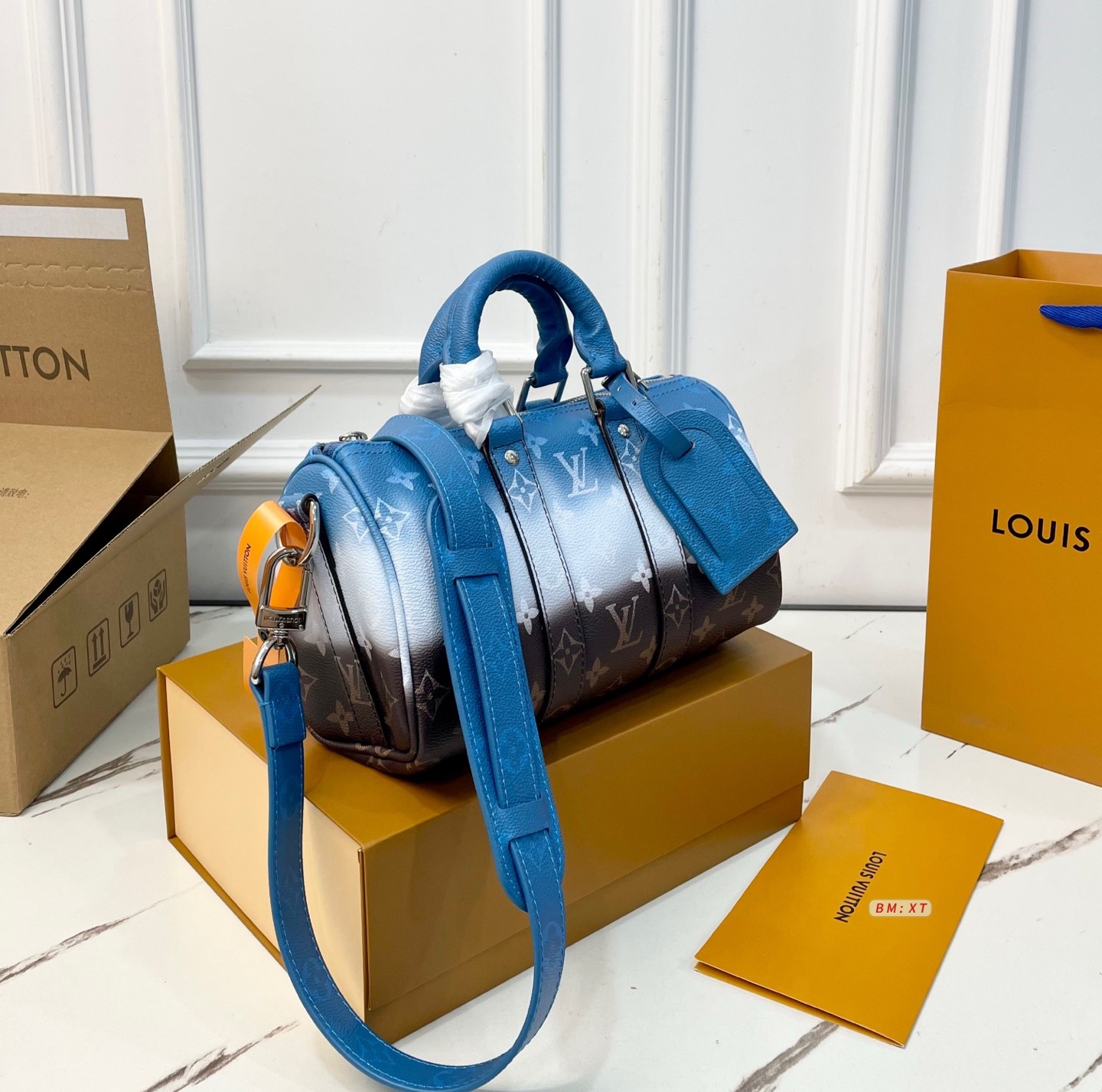 Louis Vuitton LV Keepall 25 Monogram Sunset Blue Gradient Leather Travel Duffle Barrel Bag - KAIROO