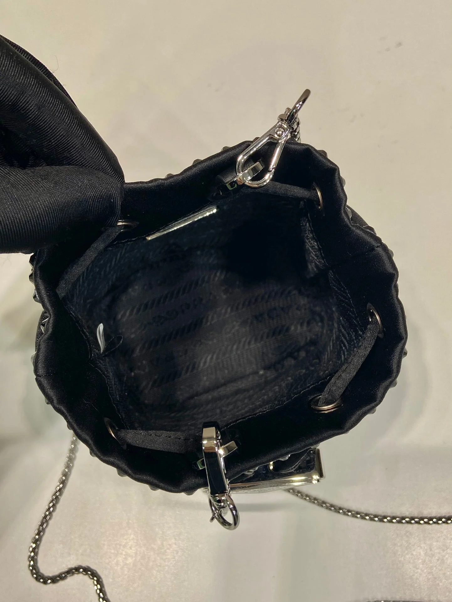 Prada MINI BUCKET BAG 12 IN BLACK NYLON FABRIC EMBELLISHED FULL CRYSTALS