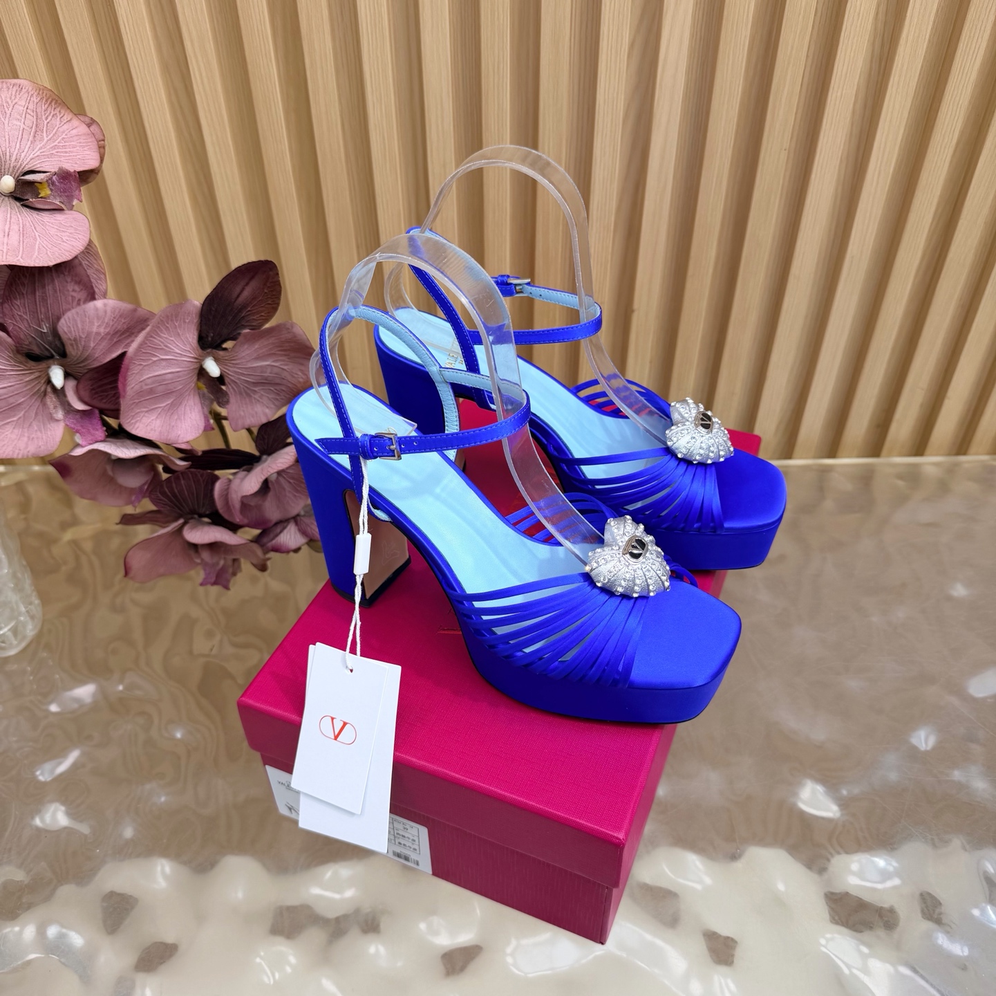 Valentino Garavani Blue VLogo Crystal Brooch Satin Multi Straps Platform Square Toe Chunky Heel Sandals - KAIROO
