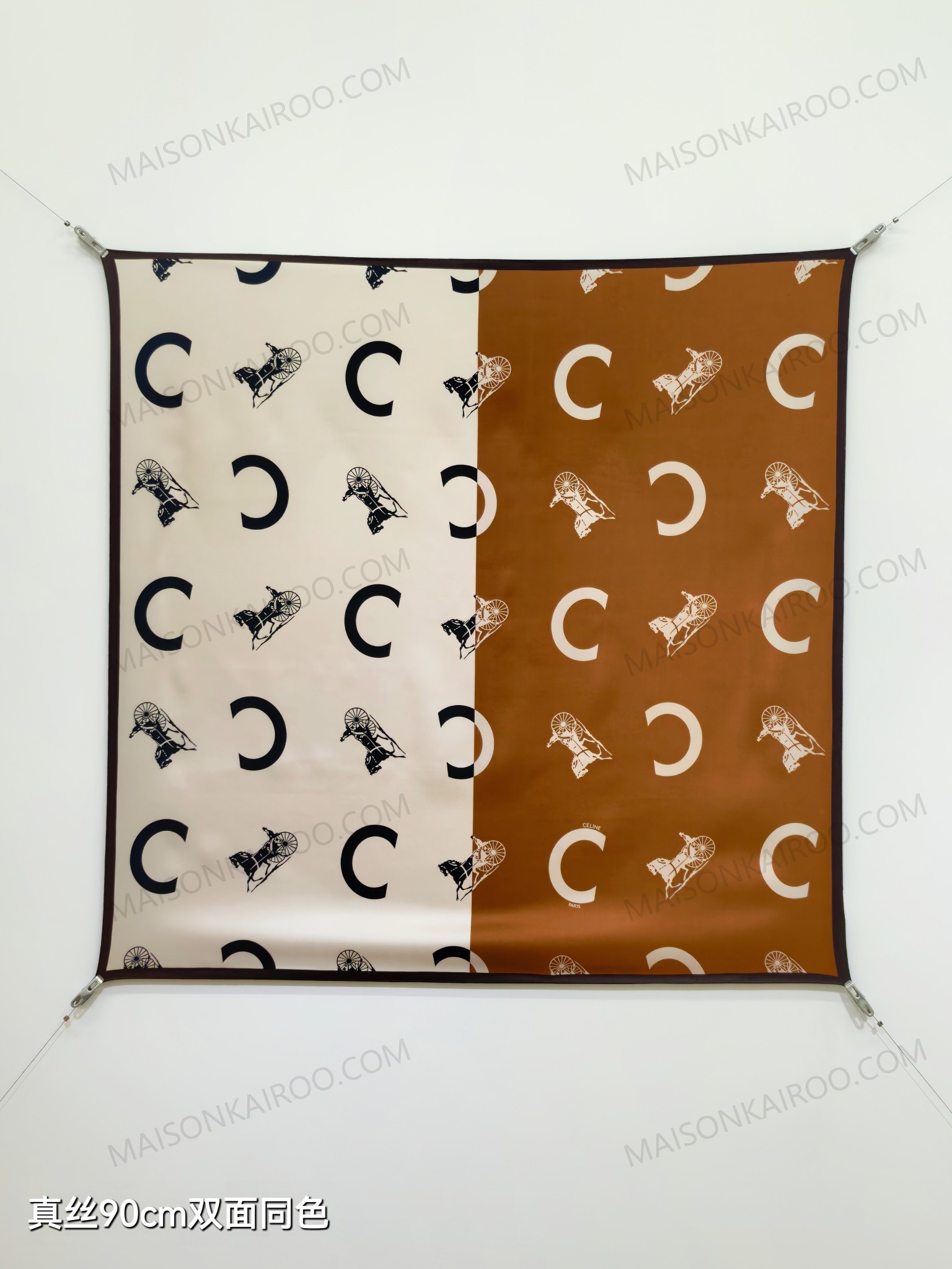 Celine Cream & Caramel Split Carriage Square Scarf - KAIROO