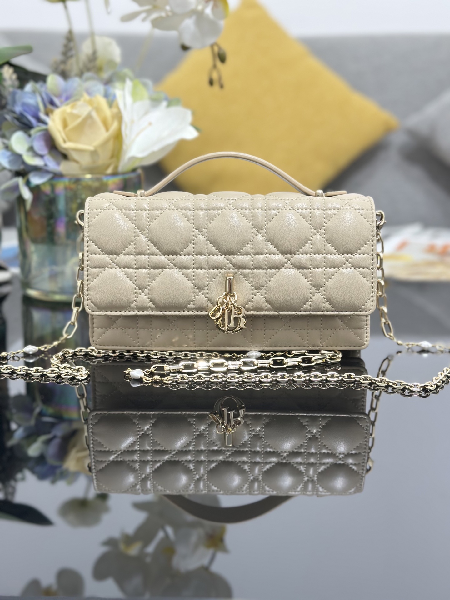 Miss Dior Chain Wallet/Clutch in Beige Cannage Lambskin