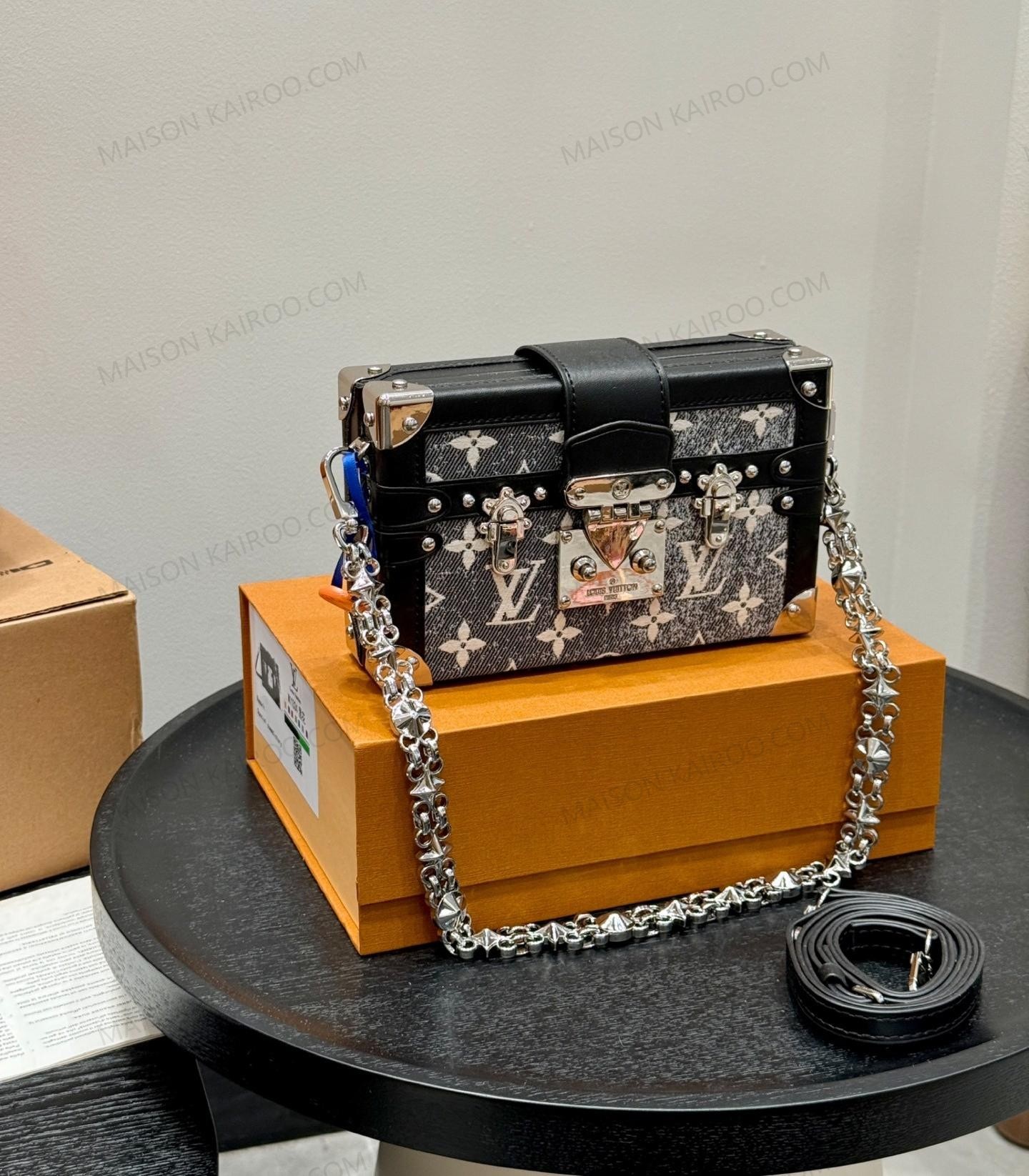 Louis Vuitton LV Petite Malle Trunk Monogram Grey Denim Black Leather Star Cut Chain Lock Crossbody Bag - KAIROO