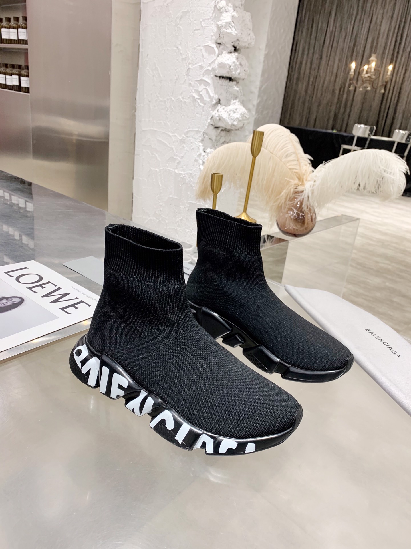 Balenciaga Speed Black Sock Knit Graffiti Logo Wave Sole Slip On Booties Sneakers - KAIROO