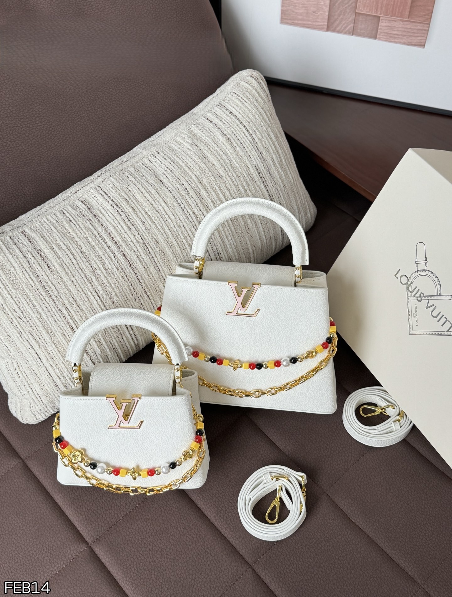 Louis Vuitton LV Capucines BB/Mini Grained Leather Enamel Logo Tri-Color Beaded Chain Top Handle Bag - KAIROO