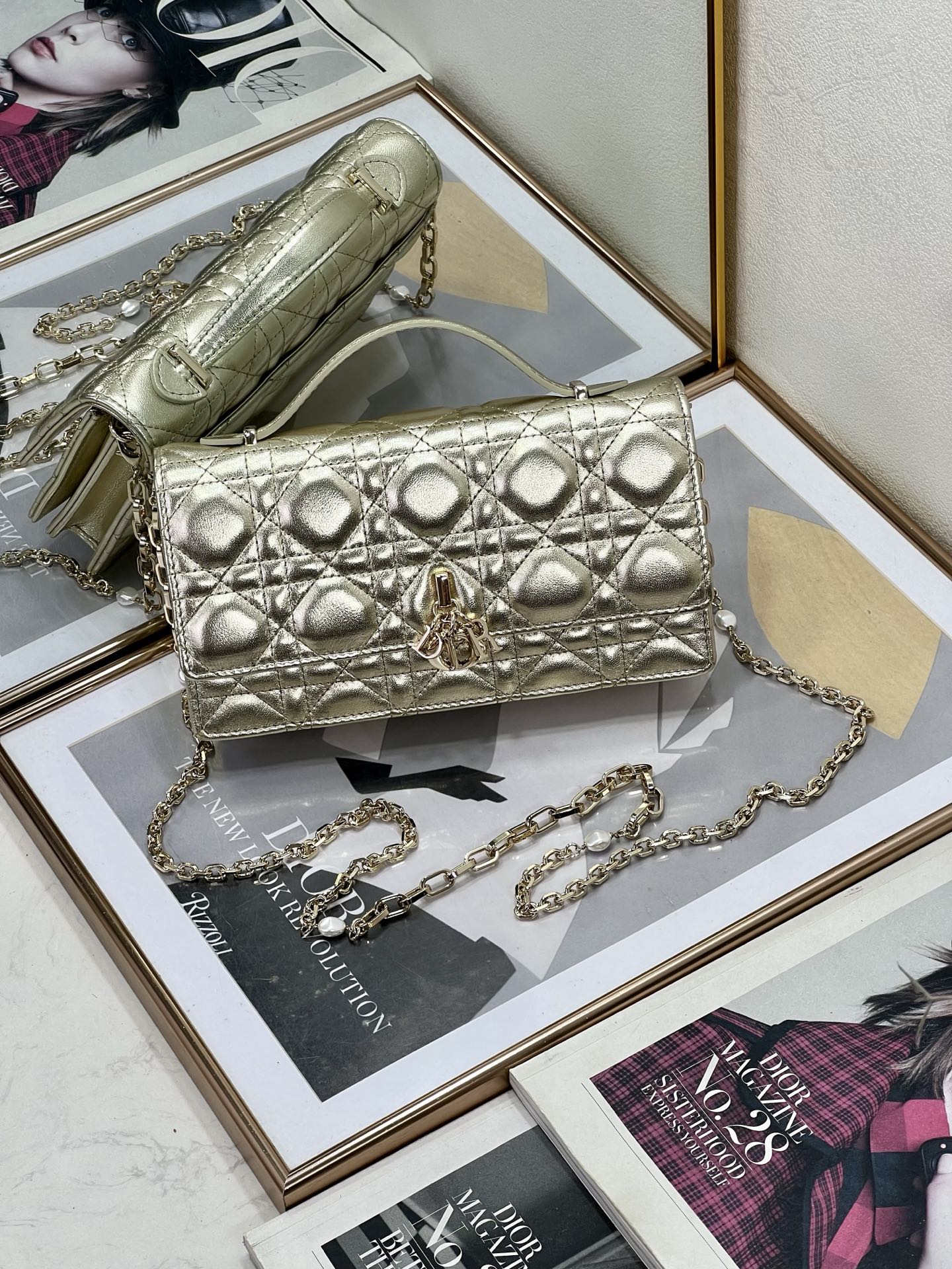 Miss Dior Chain Wallet/Clutch in Gold Cannage Lambskin