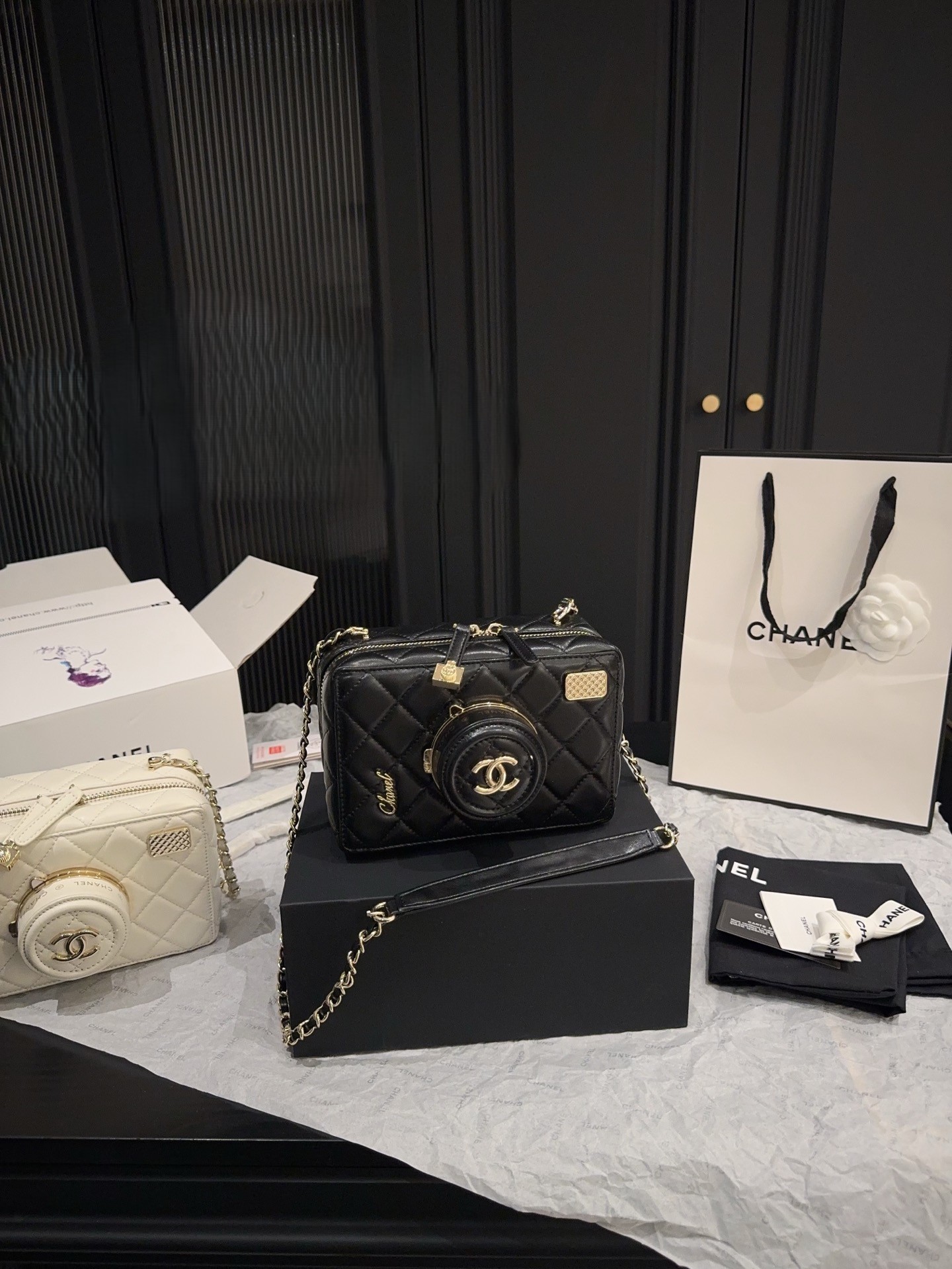 Chanel 24S Quilted Shiny Leather 3D Flip Mirror Lens Chain Strap Camera Box Shoulder Bag - KAIROO