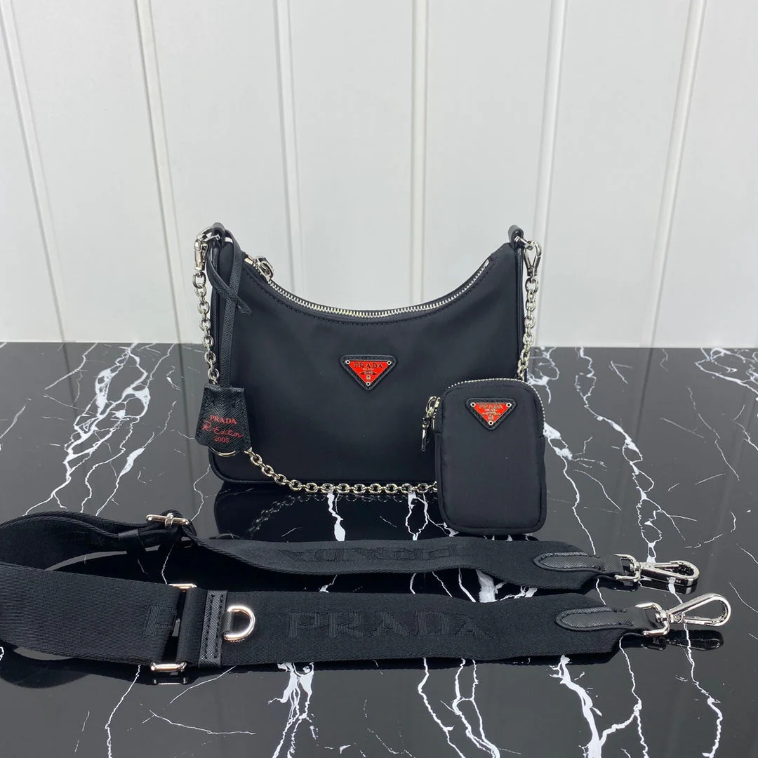 Prada HOBO 22 BAG IN BLACK RE-NYLON WITH RED LOGO