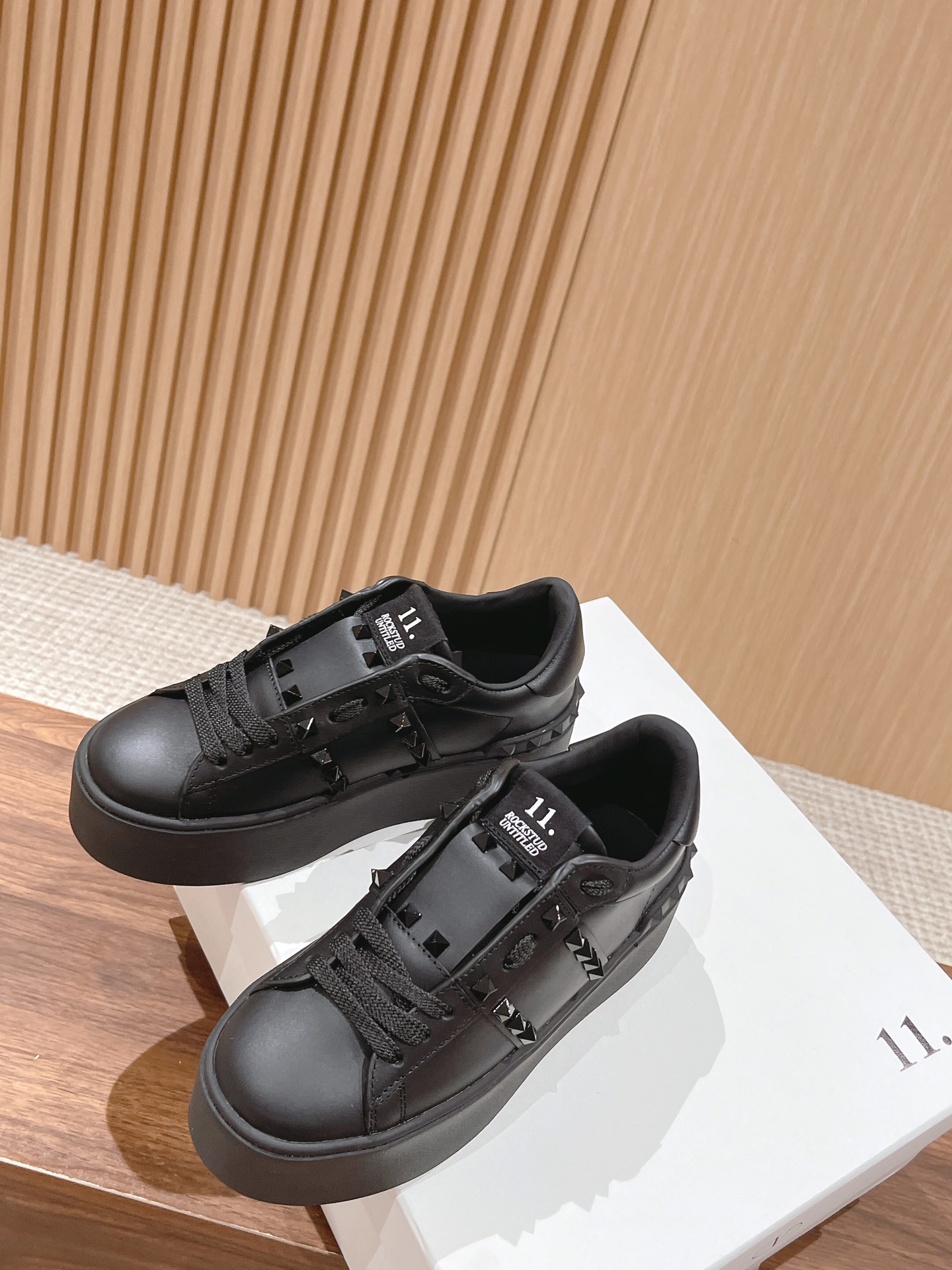Valentino Garavani All Black Leather Tonal Rockstud Untitled Low Top Platform Sneakers - KAIROO