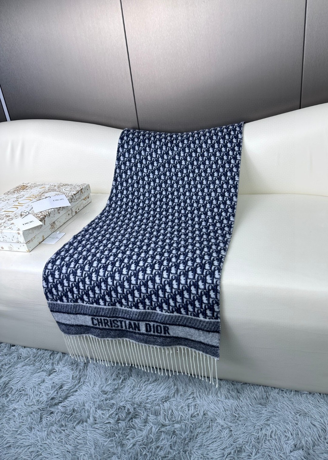 Dior Classic Oblique Dark blue Cashmere Scarf