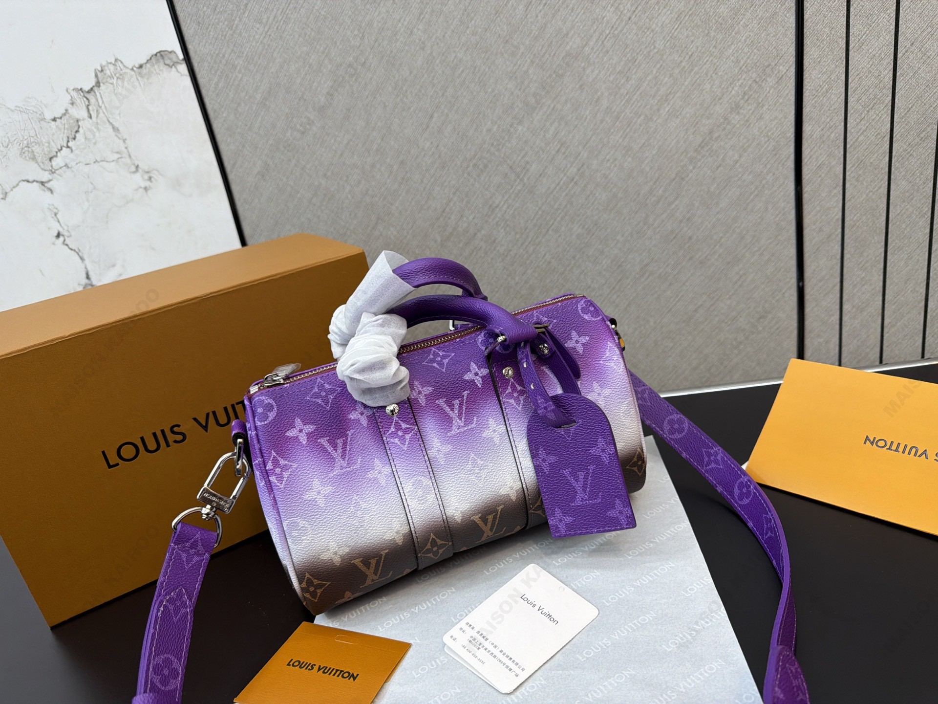 Louis Vuitton LV Keepall 25 Gradient Purple Monogram Leather Travel Duffle Top Handle Bag - KAIROO