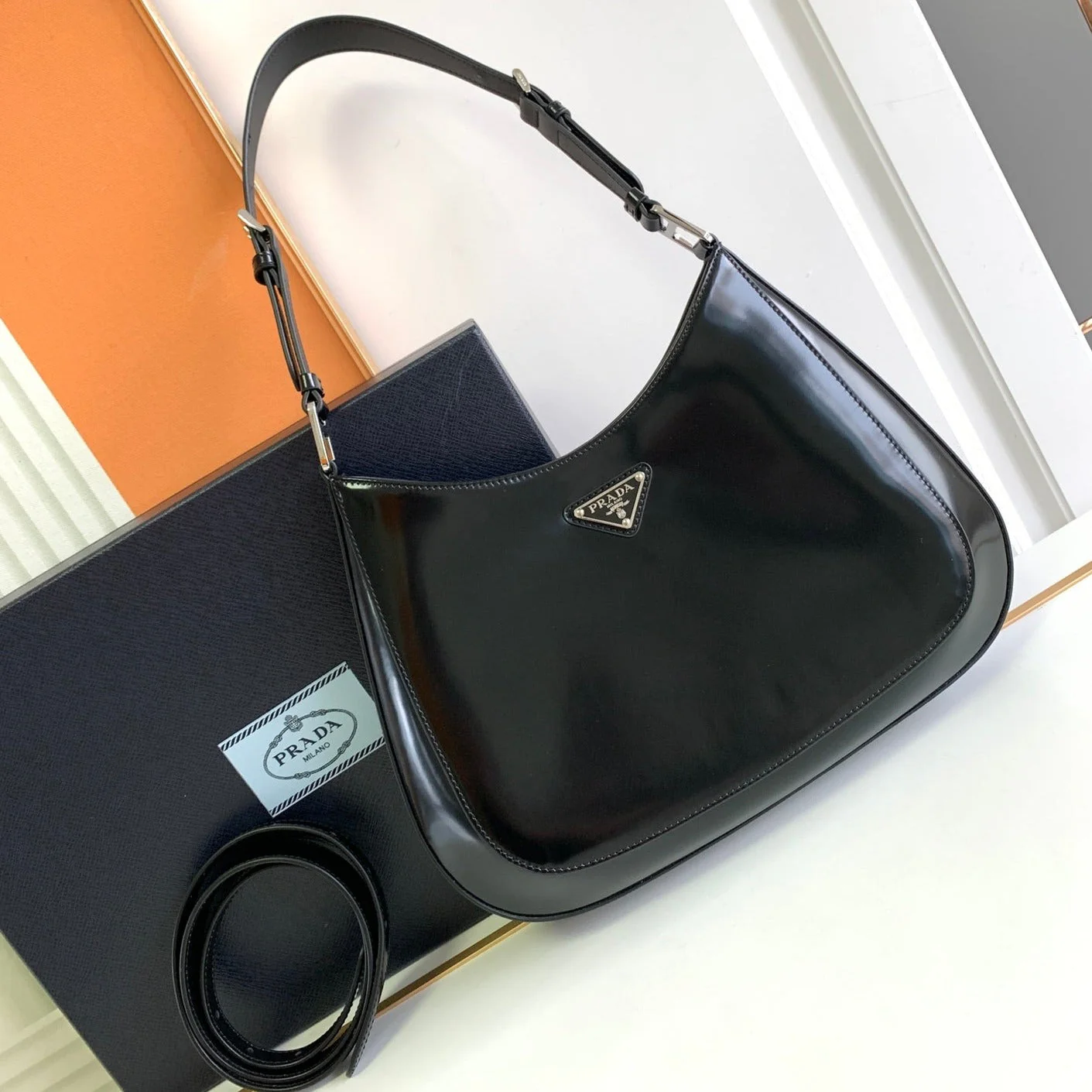 Prada CLEO 30 BLACK BRUSHED LEATHER SHOULDER BAG