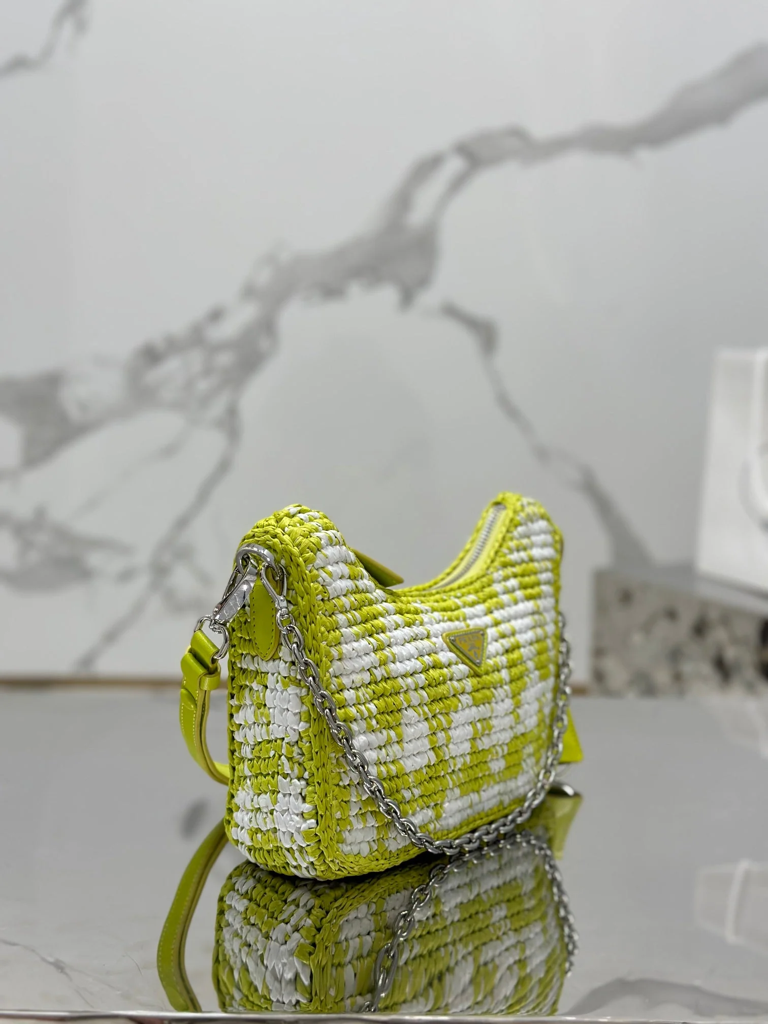 Prada CROCHET HOBO BAG 22 IN VOLT GREEN MIX WHITE RAFFIA SILVER HARDWARE