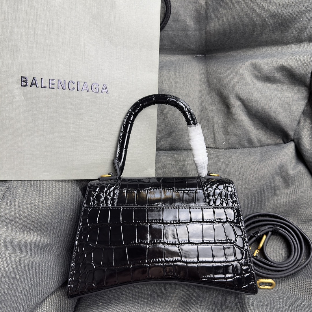 𝐁alenciaga Hourglass Small Handbag in black crocodile embossed calfskin