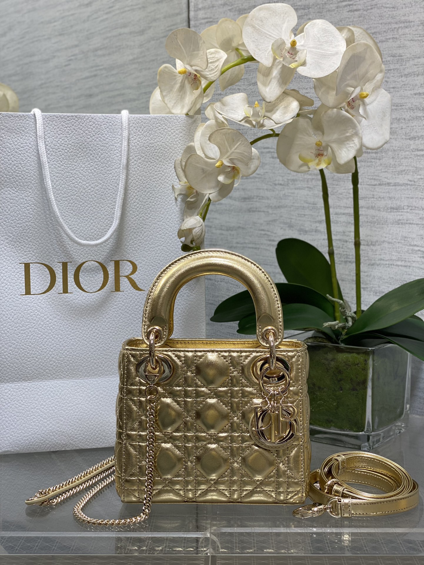 Mini Lady Dior Bag in Gold Cannage Lambskin