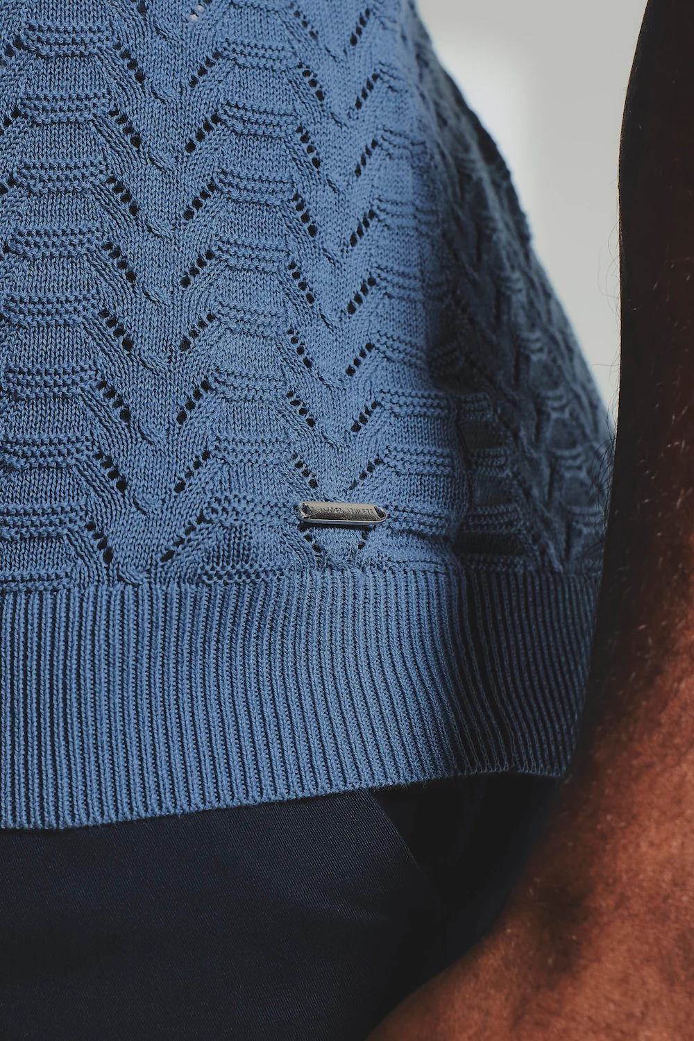 Pointelle Knitted Open Collar Polo Shirt in Blue