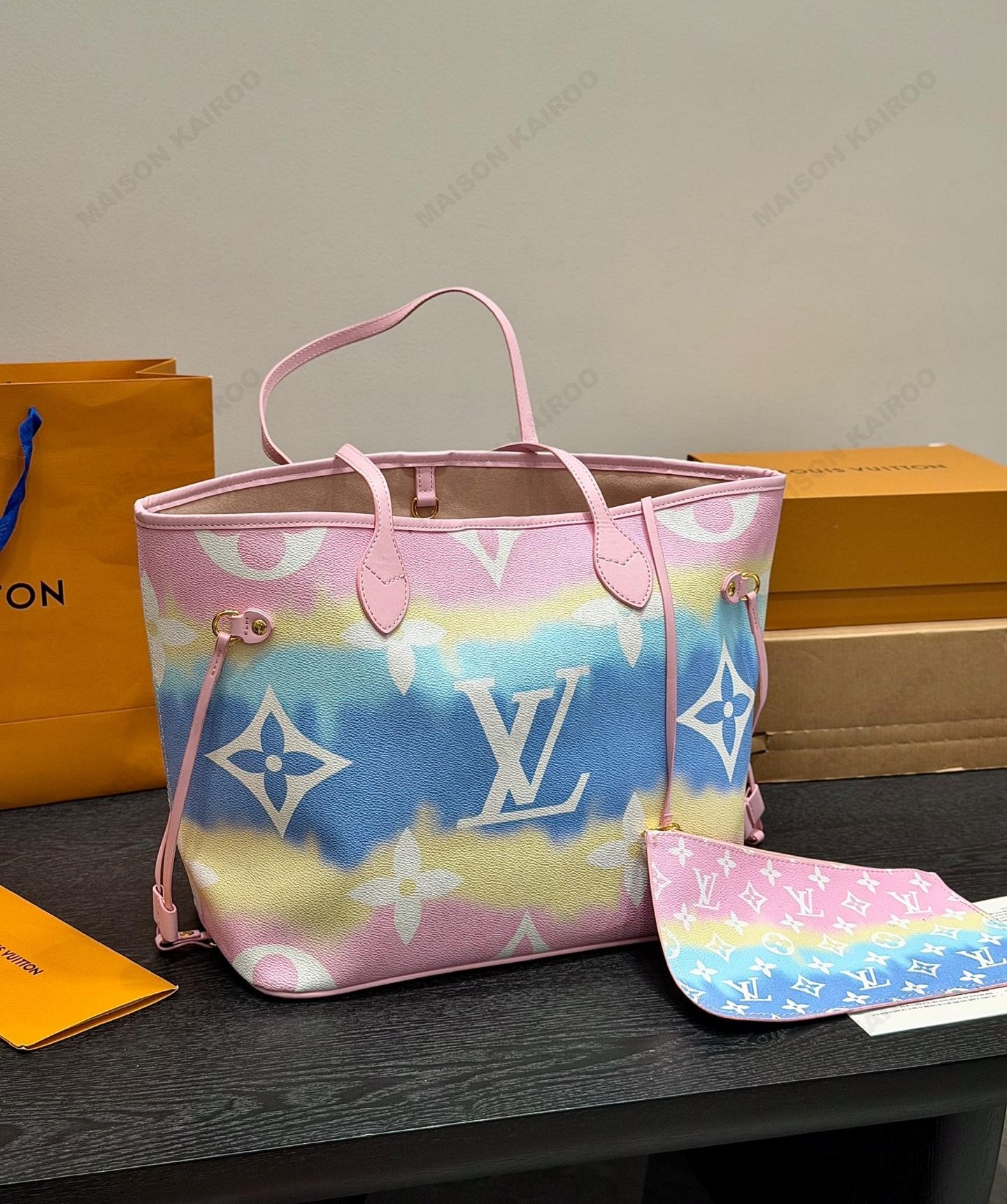 Louis Vuitton LV Neverfull MM Tie Dye Giant Monogram Escale Pastel Tote Bag With Pouch - KAIROO