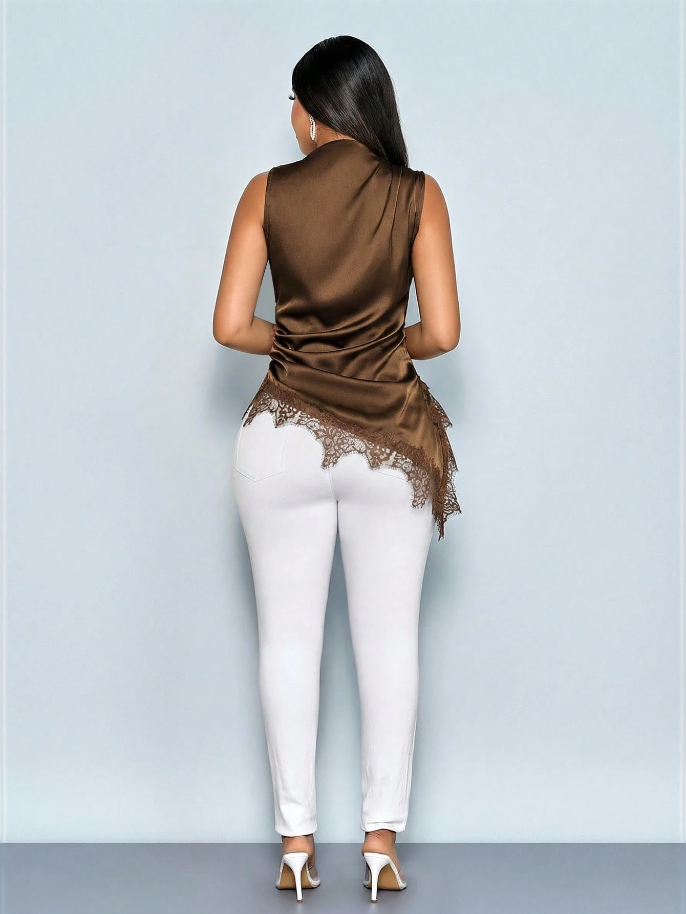 Women's Lace Patchwork Mock Neck Asymmetrical Hem Satin Blouse
