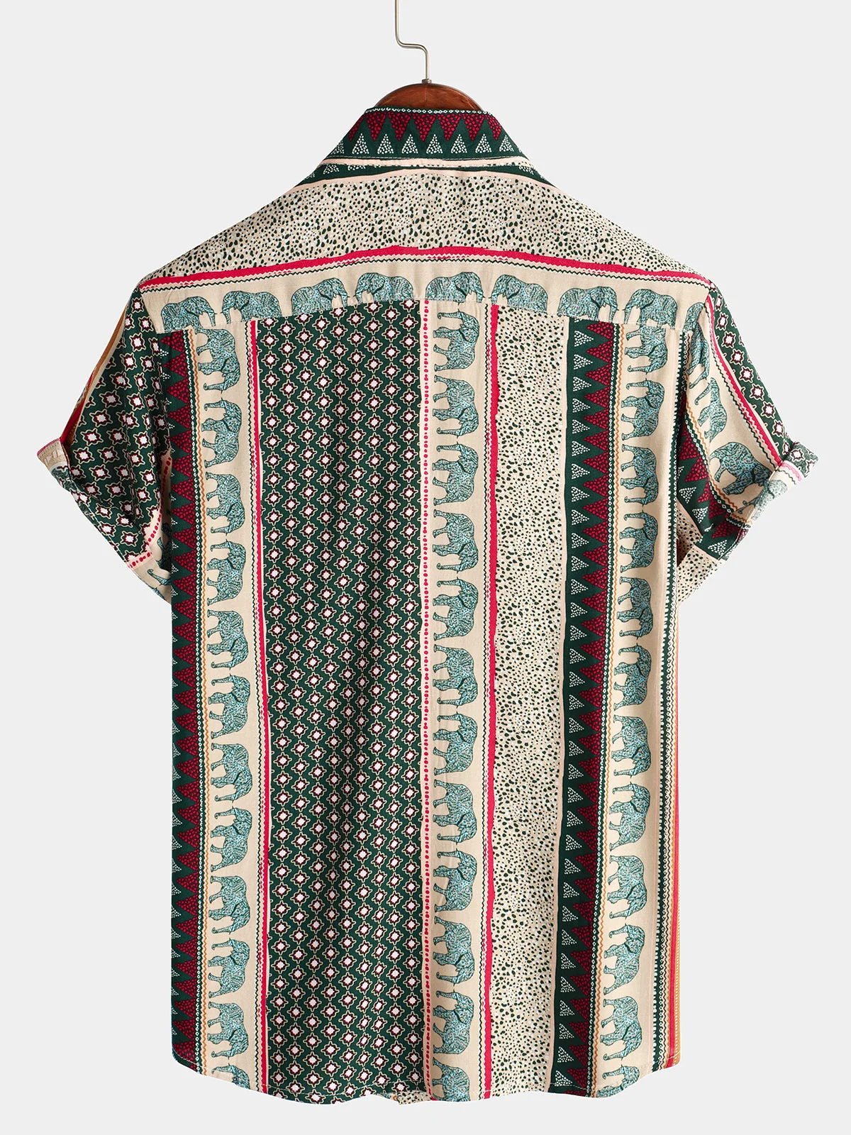 Men's Green Striped Elephant Print Short Sleeve Shirt