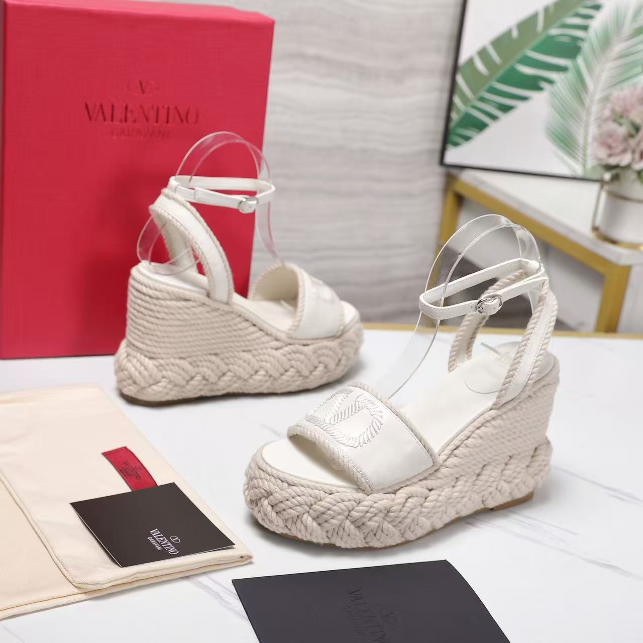 Valentino Garavani White Smooth Leather VLogo Embroidered Platform Jute Wedge Espadrille Sandal Heel - KAIROO