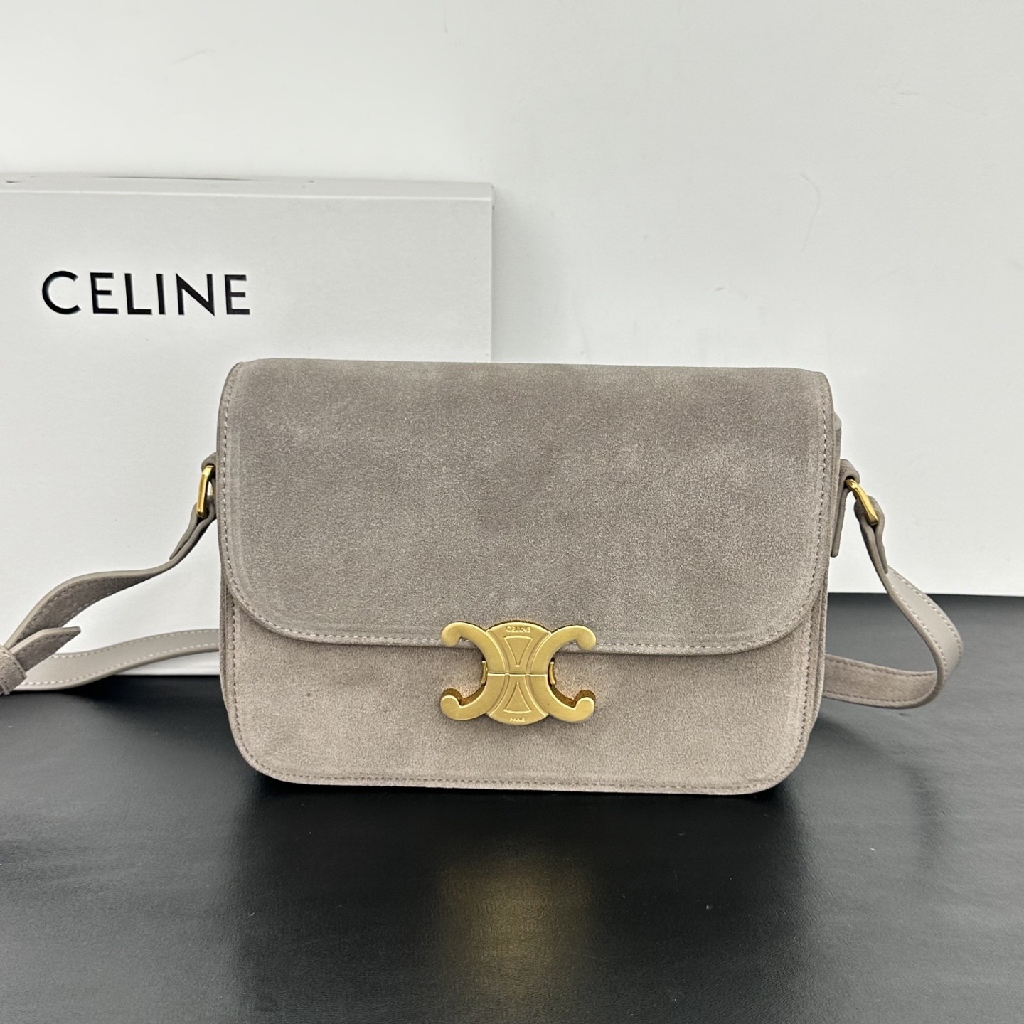 Celine Small& Medium Suede Leather Gold Metal Triomphe Flap Box Crossbody Bag - KAIROO