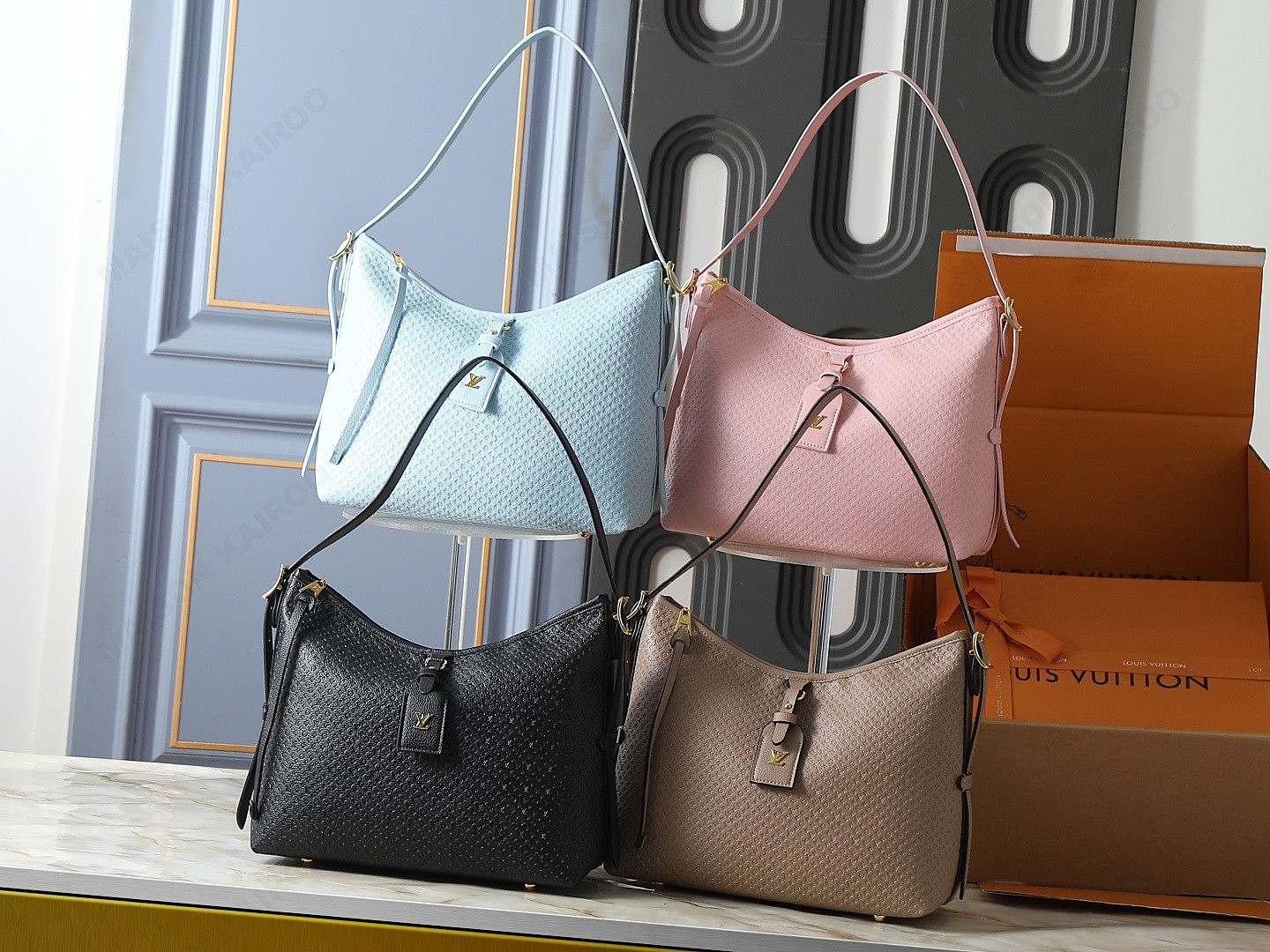 Louis Vuitton LV Carryall PM Dense Micro Monogram Embossed Leather Hobo Tote Shoulder Bag With Pouch - KAIROO