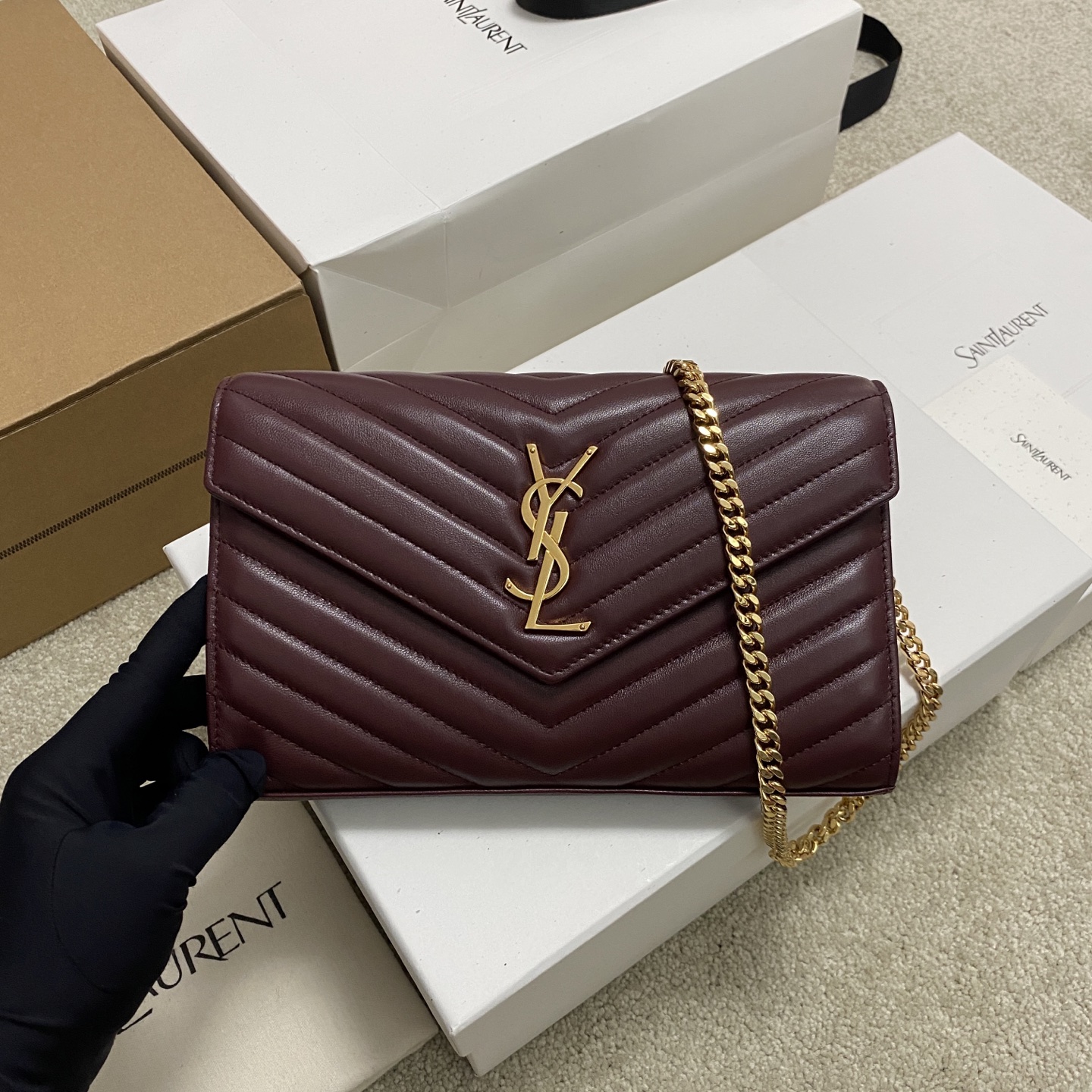 Saint Laurent Rouge Cabernet Lambskin Cassandre Chain Wallet 377828
