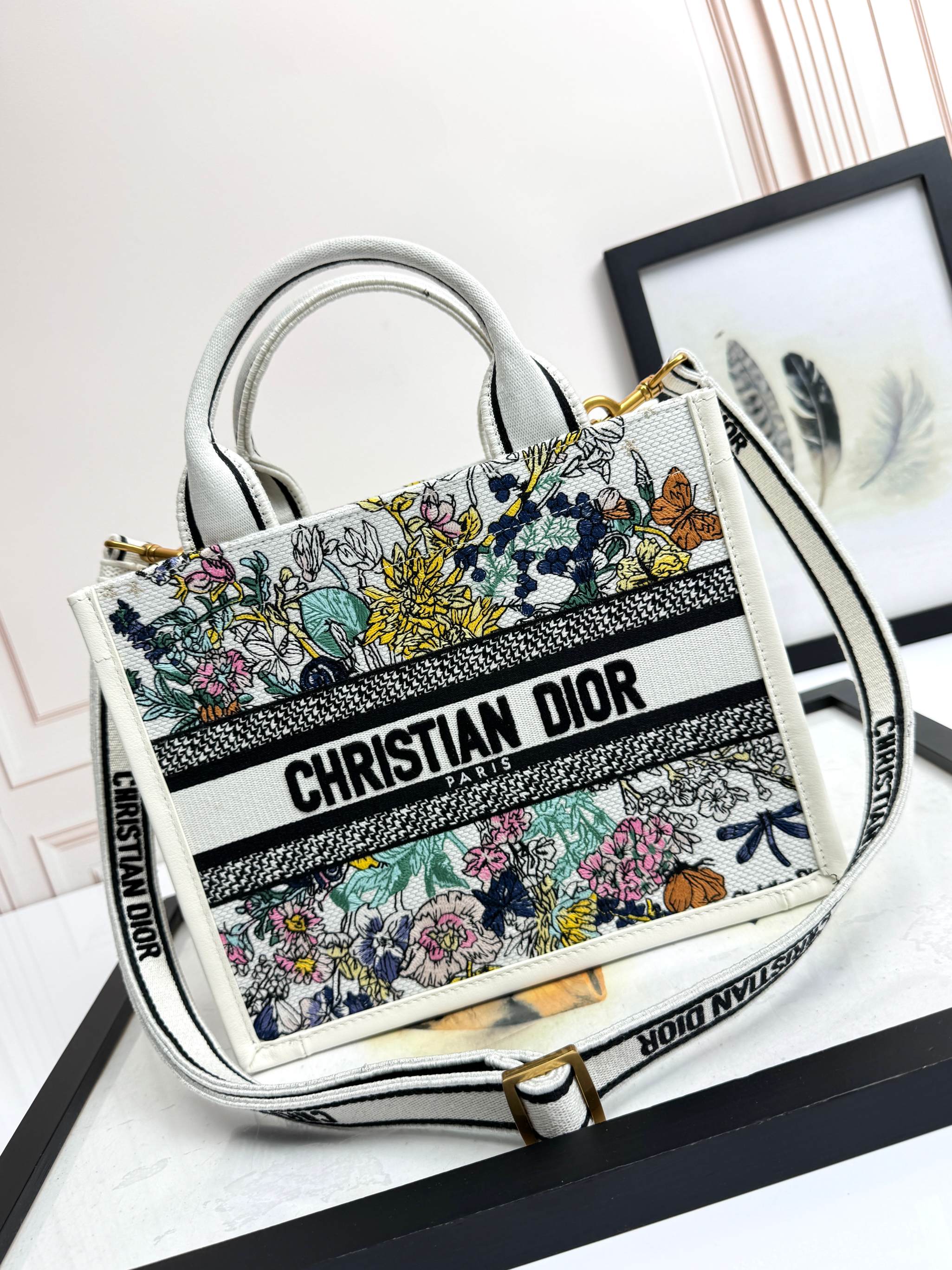 Dior Embroidered Canvas Small  Book Tote with shoulder strap