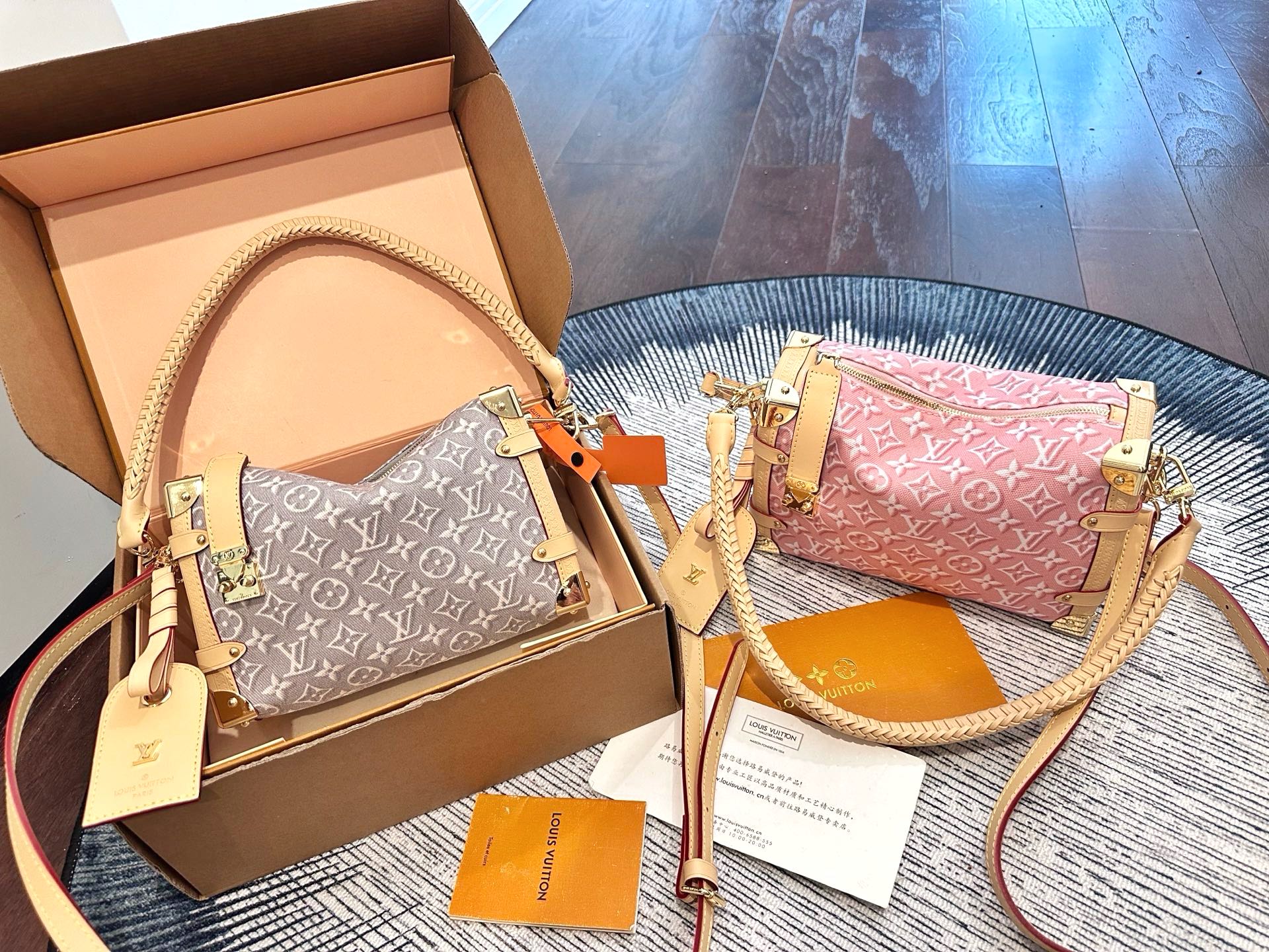 Louis Vuitton LV Side Trunk MM Denim Gray/Pink Monogram S-Lock Soft Braided Leather Top Handle Bags - KAIROO
