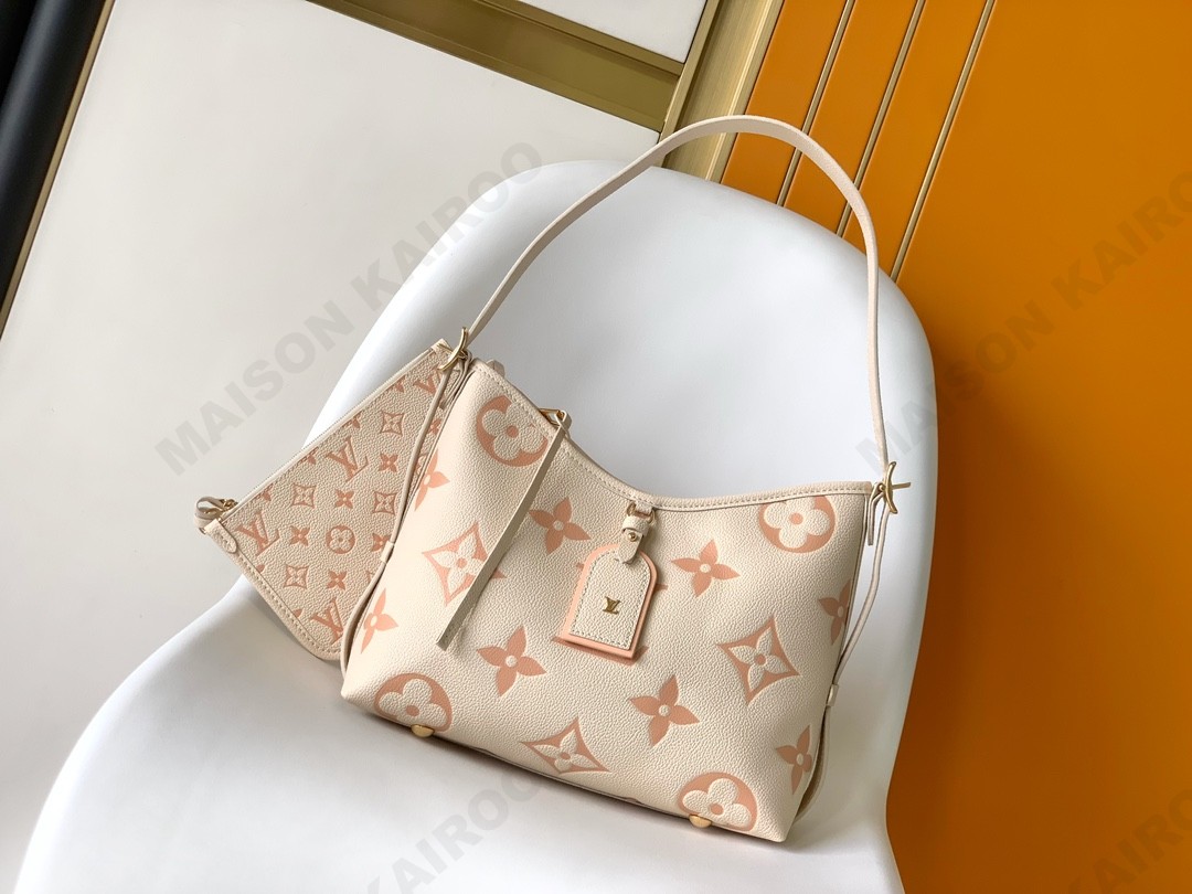 【10A】Louis Vuitton LV Carryall PM Pastel Cream Bicolor Big Monogram Embossed Leather Hobo Tote Shoulder Bag - KAIROO