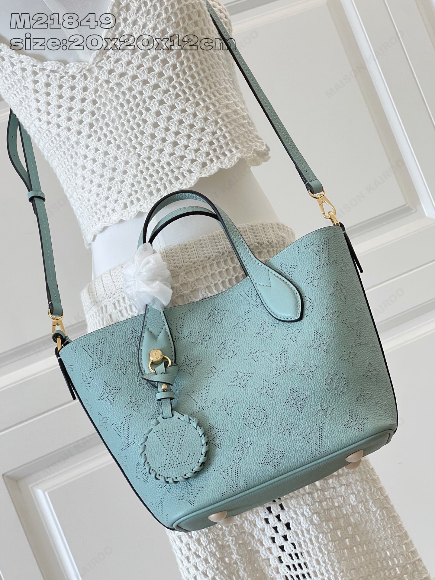 【15A】Louis Vuitton LV Mahina Blossom PM Turquoise Dense Perforated Monogram Leather Basket Handle Tote Bag - KAIROO