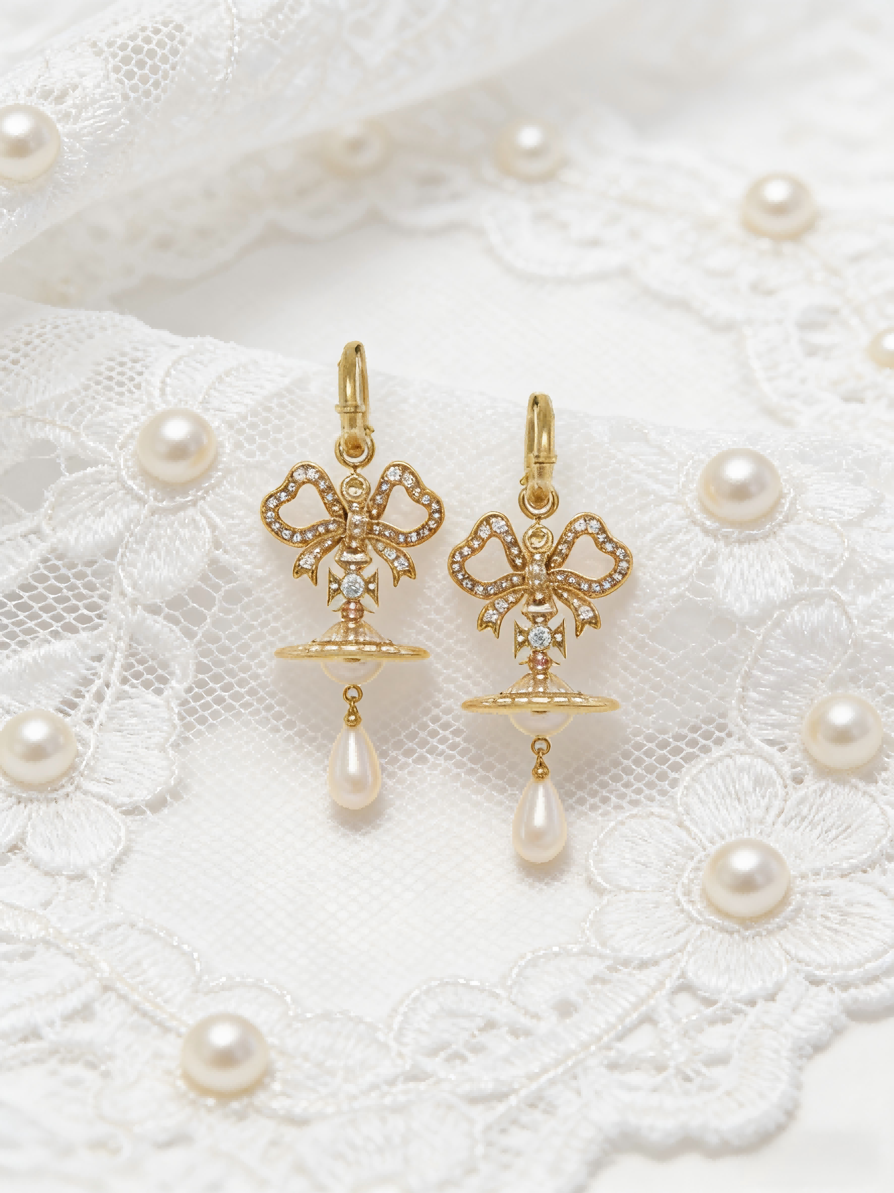 Gold-Tone Bow & Orb Drop Earrings with Teardrop Pearl | Dainty Rhinestone Jewelry for Women