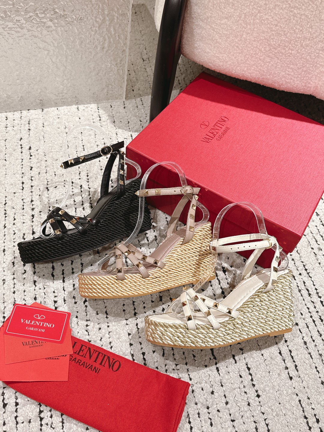 Valentino Garavani Rockstud Leather Crisscross Strap Platform Wedge Jute Espadrille Sandals Heel - KAIROO