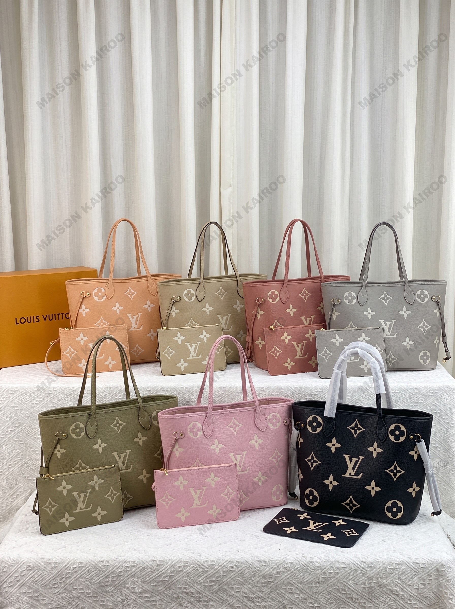 Louis Vuitton LV Neverfull MM Bicolor Giant Logo Monogram Empreinte Leather Tote Bag With Pouch - KAIROO