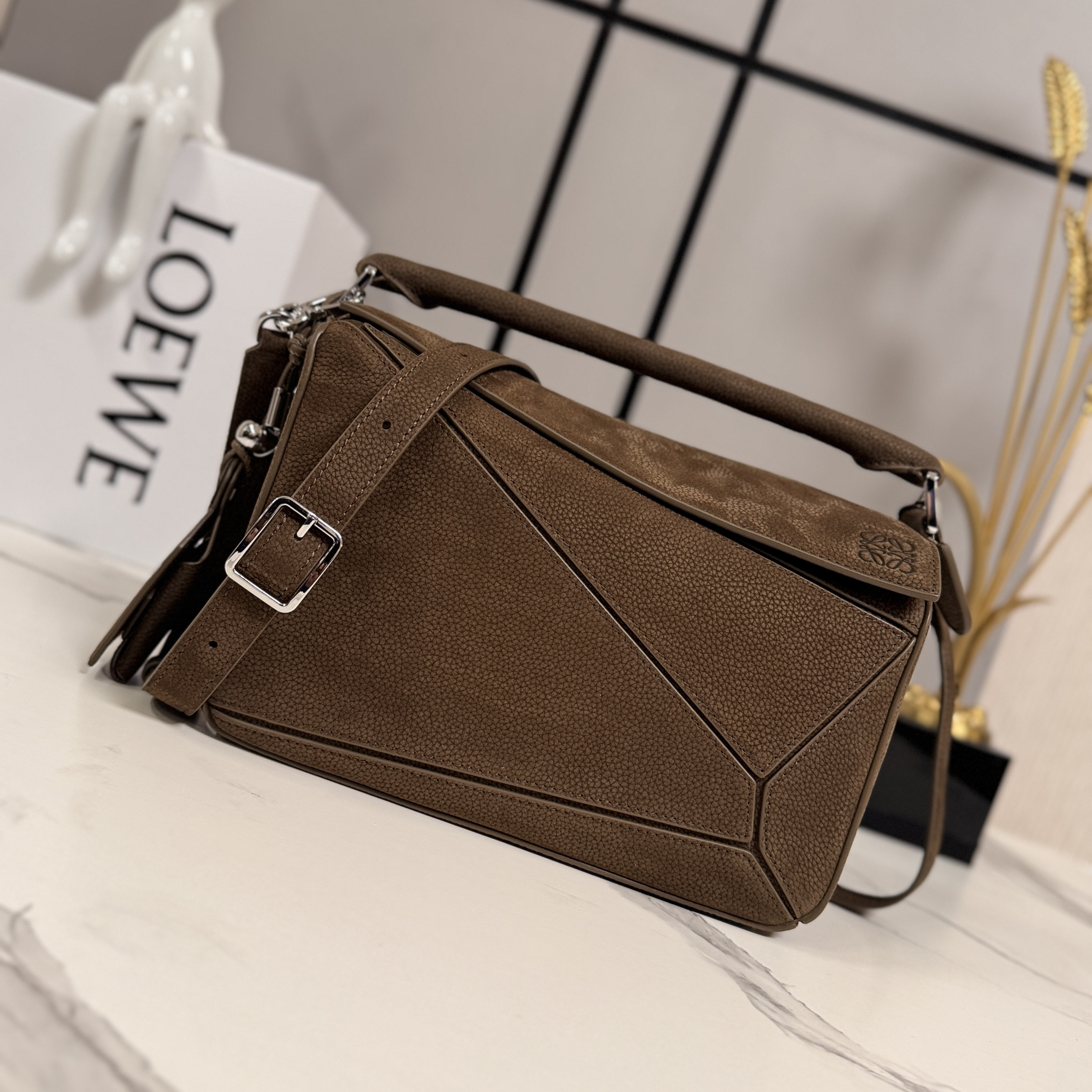 Loewe Small Featherlight Puzzle bag in grained nubuck-Tundra