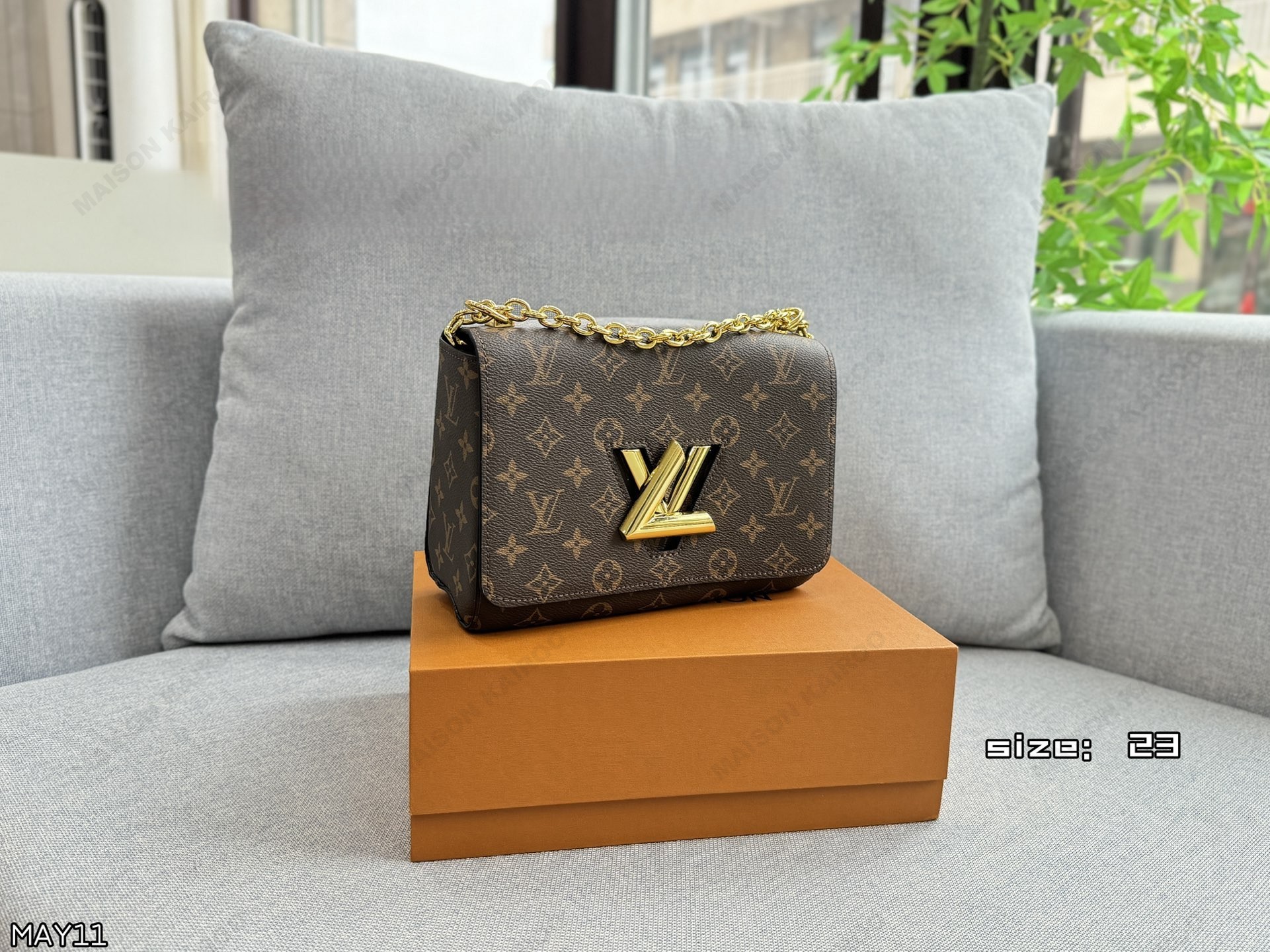 Louis Vuitton LV Twist Lock MM Brown Monogram Canvas Leather Gold Logo Flap Chain Shoulder Bag - KAIROO