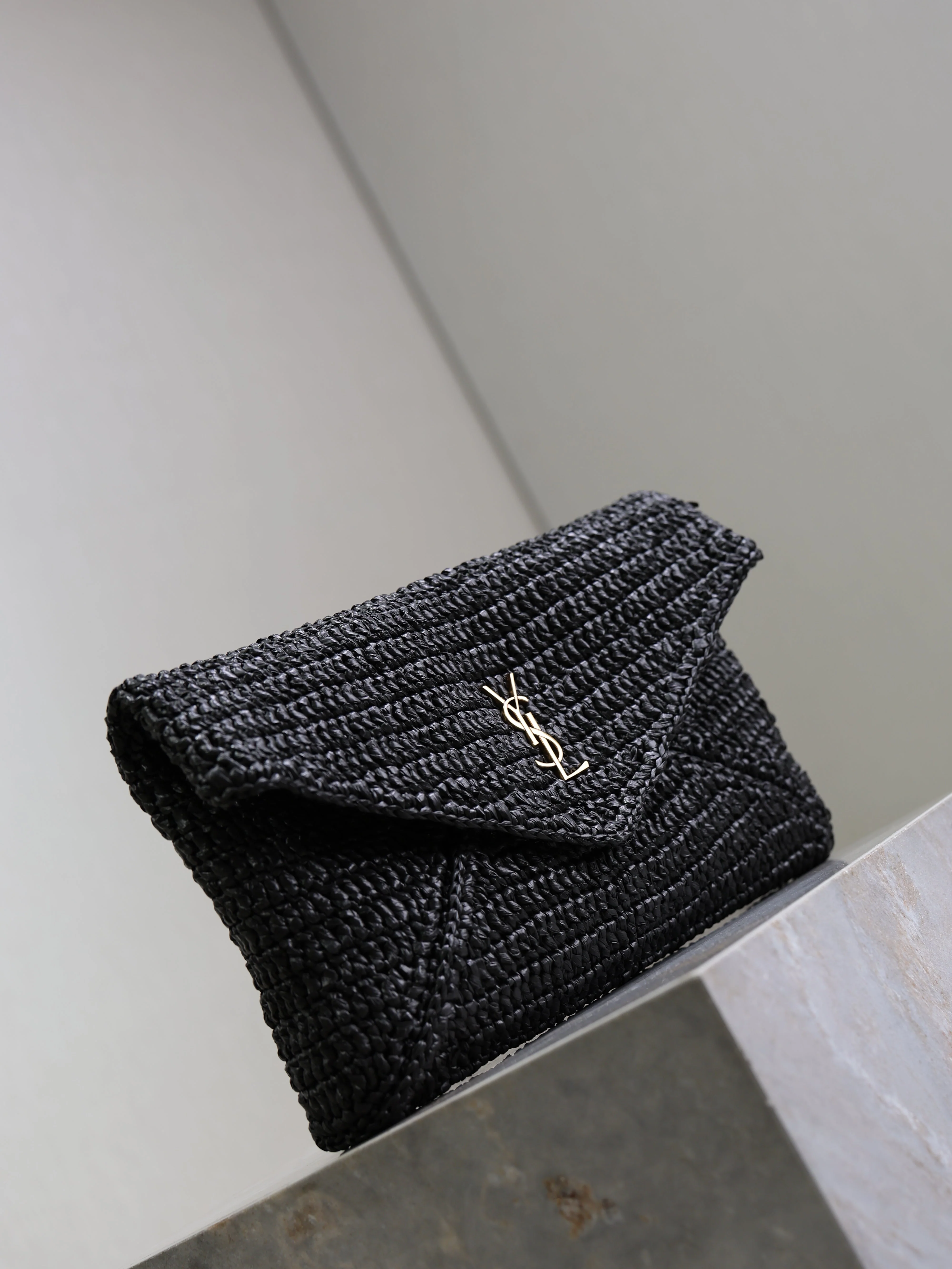 Saint Laurent YSL Envelope Clutch 29cm Black Raffia Leather
